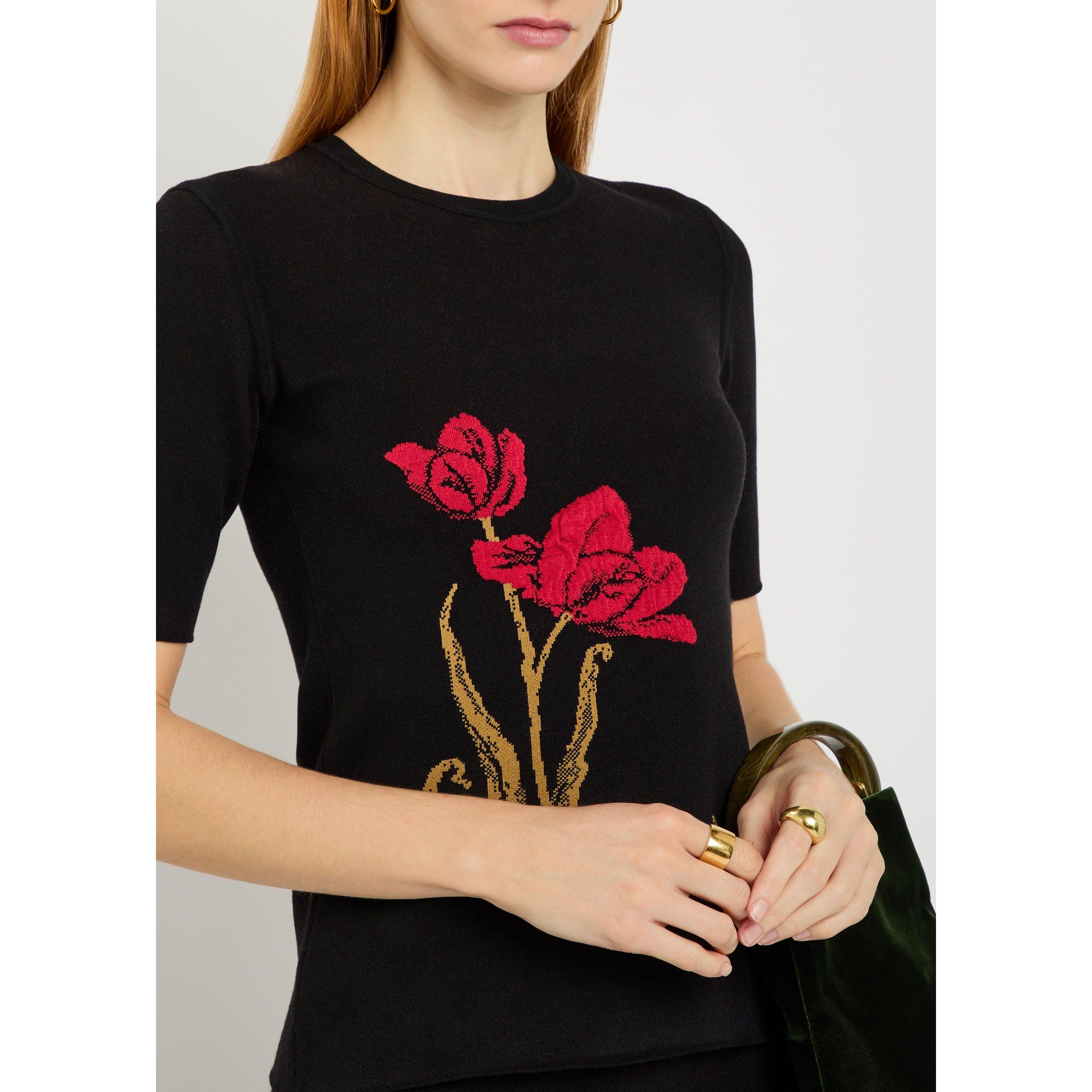 BLACK AND OTHER - Erdem - Women's Floral Intarsia Short-Sleeve Slim-Fit Knitted T-Shirt - 4