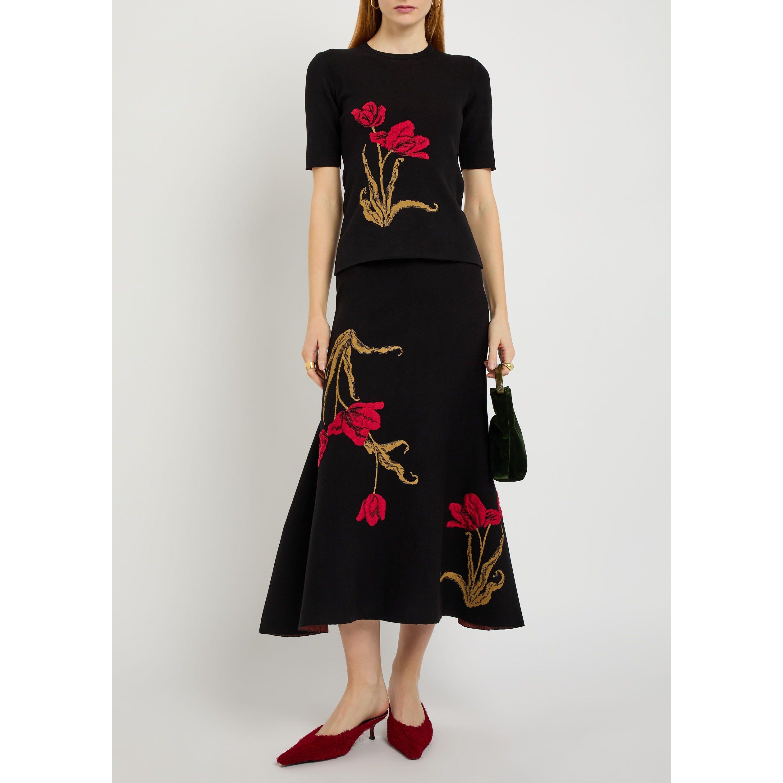 BLACK AND OTHER - Erdem - Women's Floral Intarsia Short-Sleeve Slim-Fit Knitted T-Shirt - 5