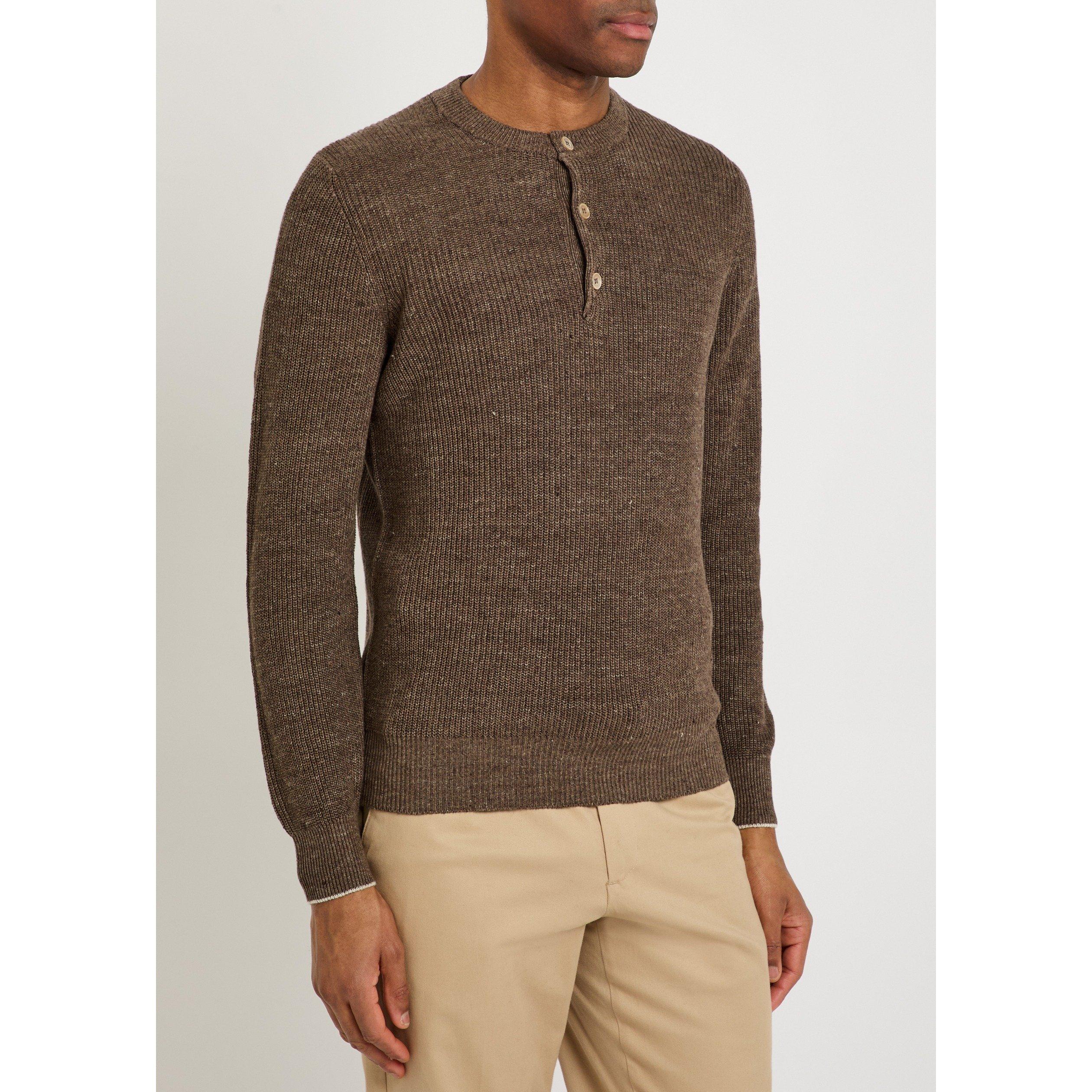 LIGHT BROWN - Brunello Cucinelli - Men's Linen Cotton Long-Sleeve Henley Jumper - 2
