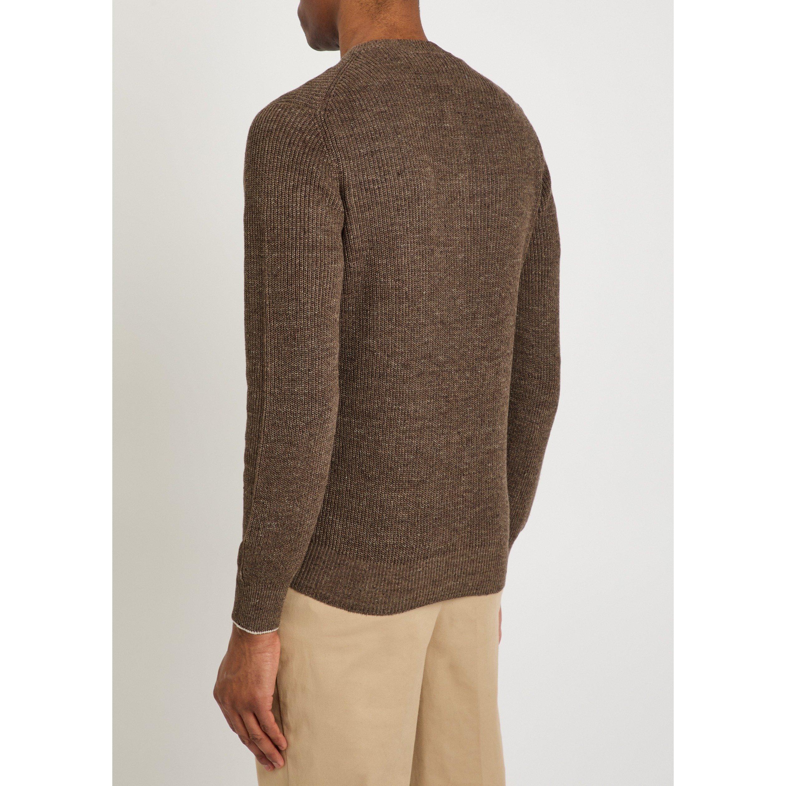 LIGHT BROWN - Brunello Cucinelli - Men's Linen Cotton Long-Sleeve Henley Jumper - 3