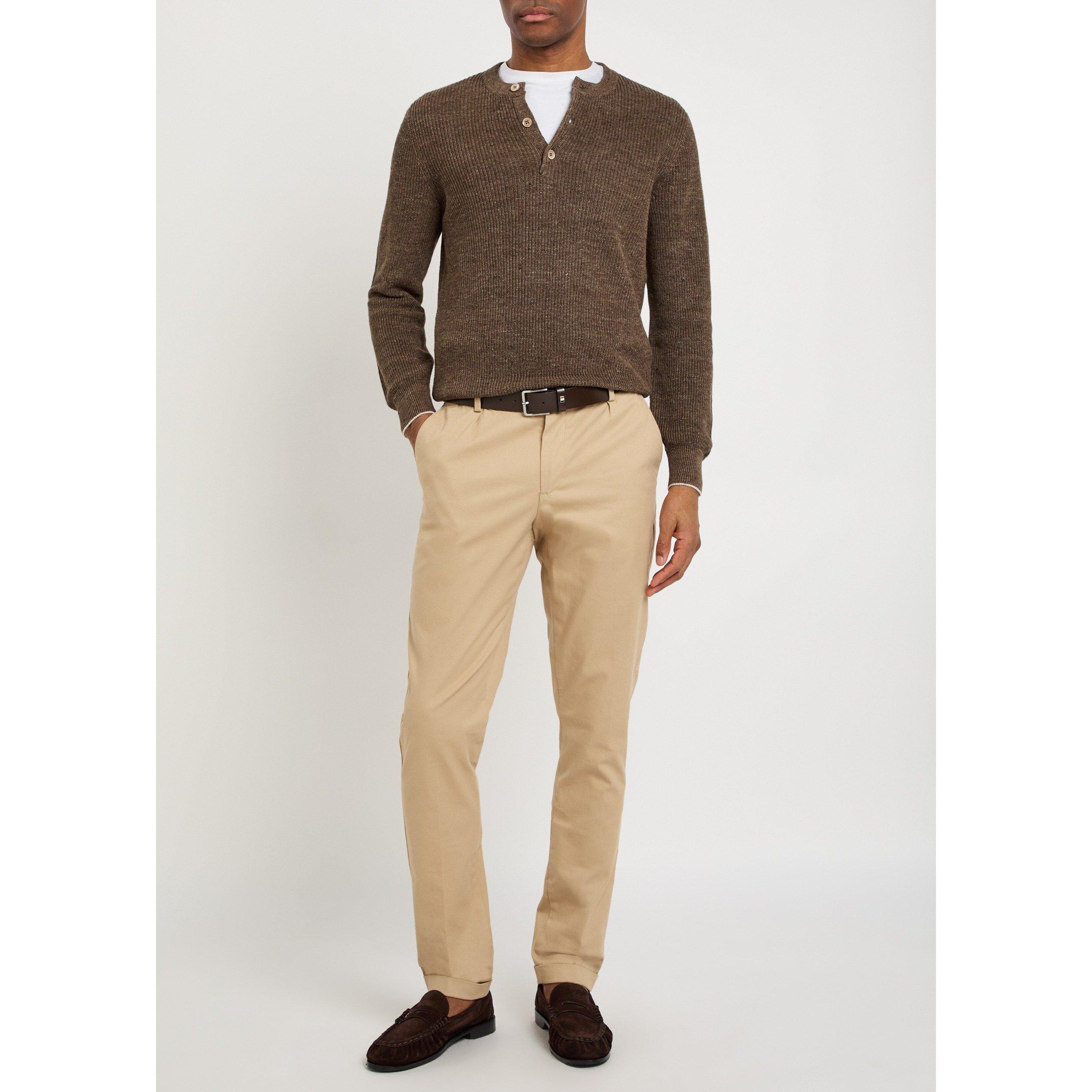 LIGHT BROWN - Brunello Cucinelli - Men's Linen Cotton Long-Sleeve Henley Jumper - 5