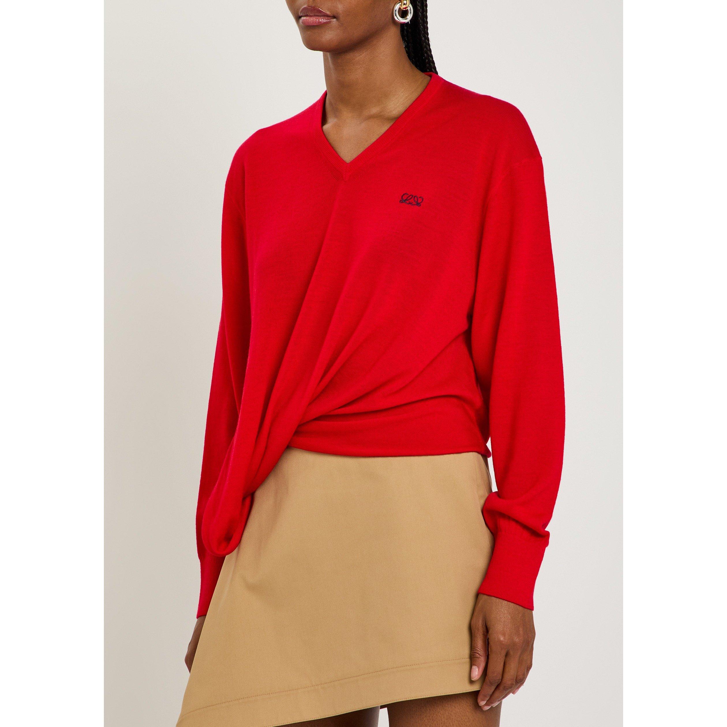 RED - LOEWE - Women's Wool Draped V-Neck Jumper - 2