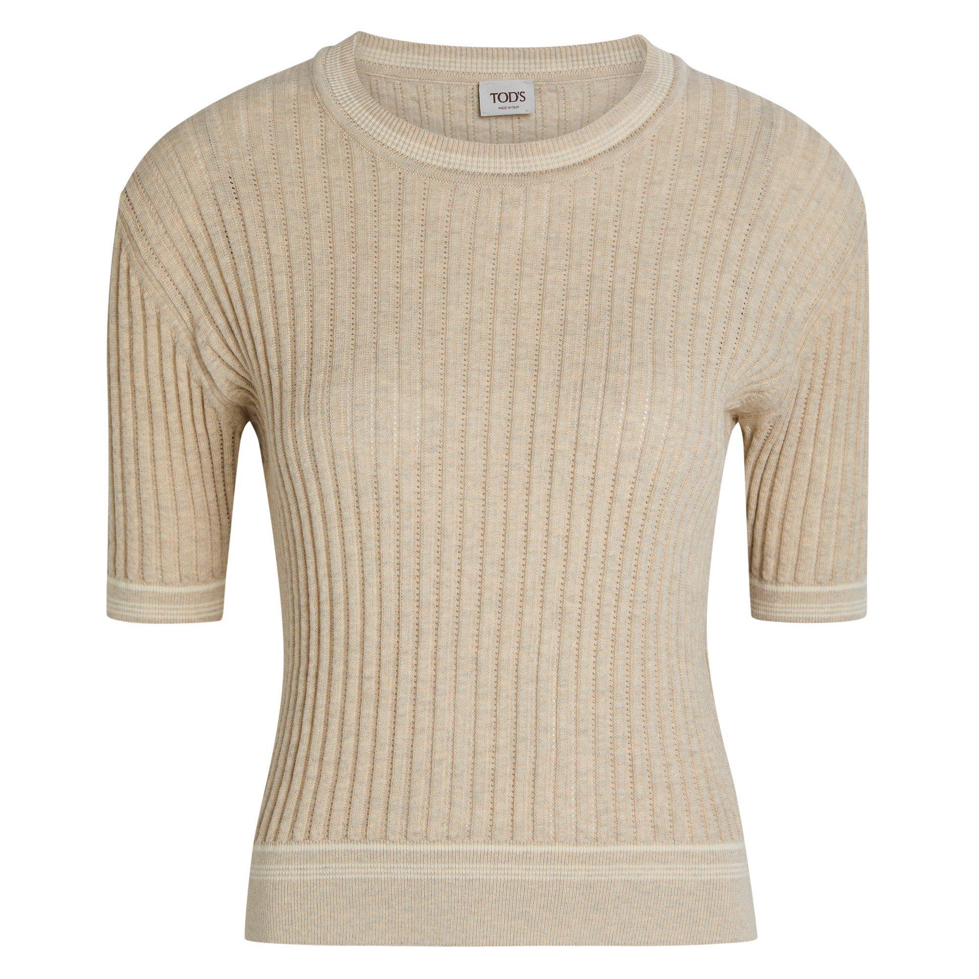 BEIGE - Tods - Women's Striped Cotton Short-Sleeve Slim-Fit Knitted T-Shirt - 1
