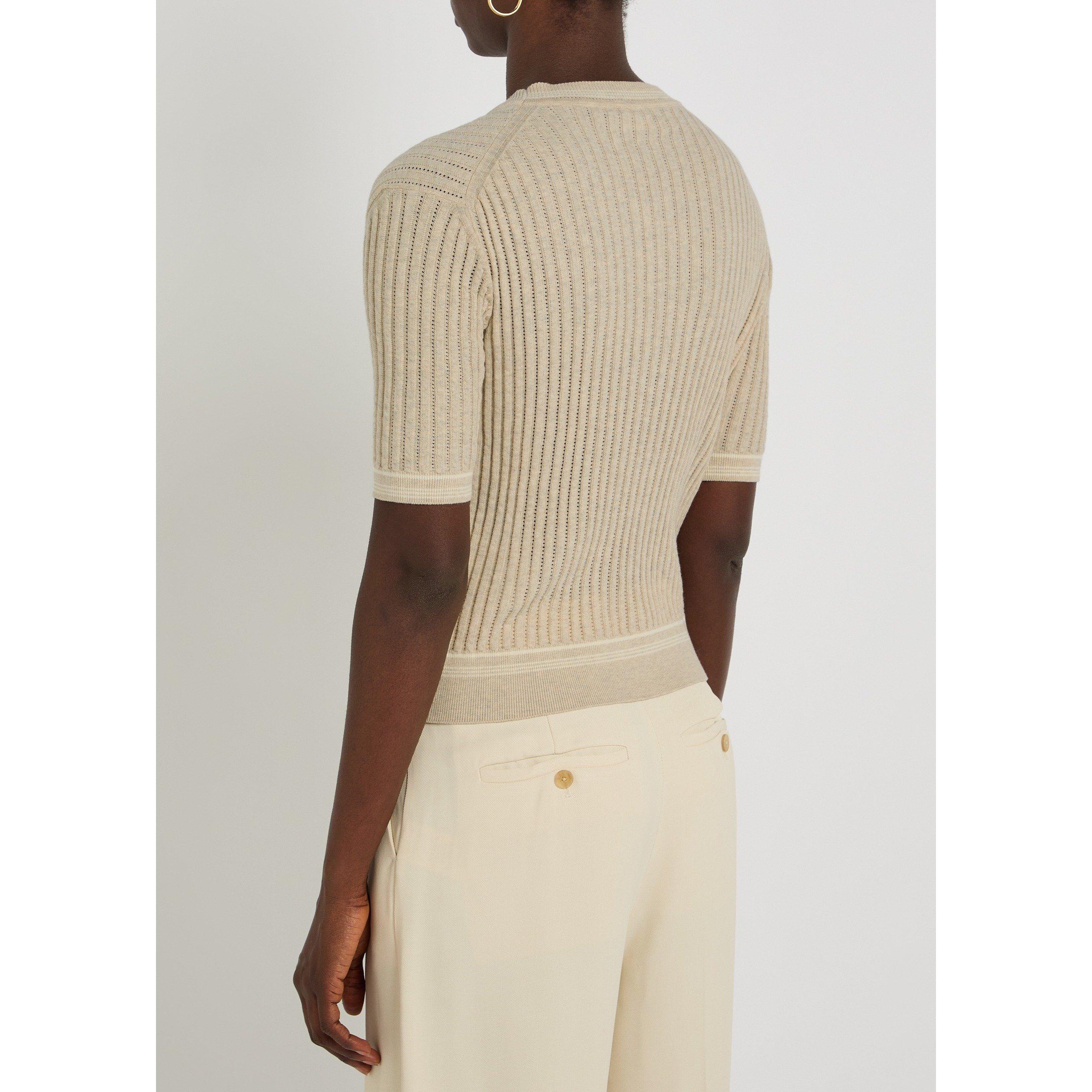 BEIGE - Tods - Women's Striped Cotton Short-Sleeve Slim-Fit Knitted T-Shirt - 3