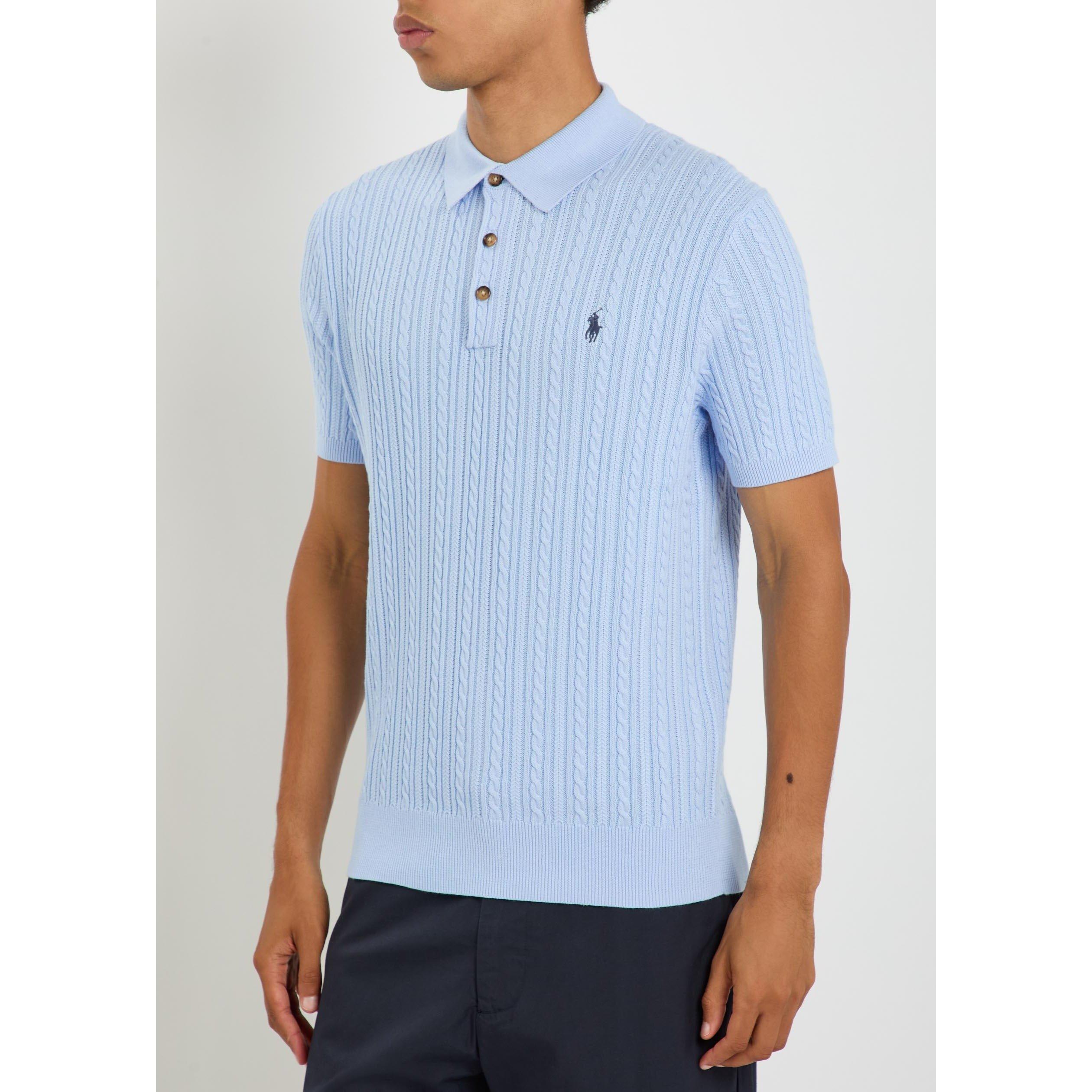 BLUE - Polo Ralph Lauren - Men's Cable Knit Cotton Short-Sleeve Slim-Fit Polo Shirt - 2