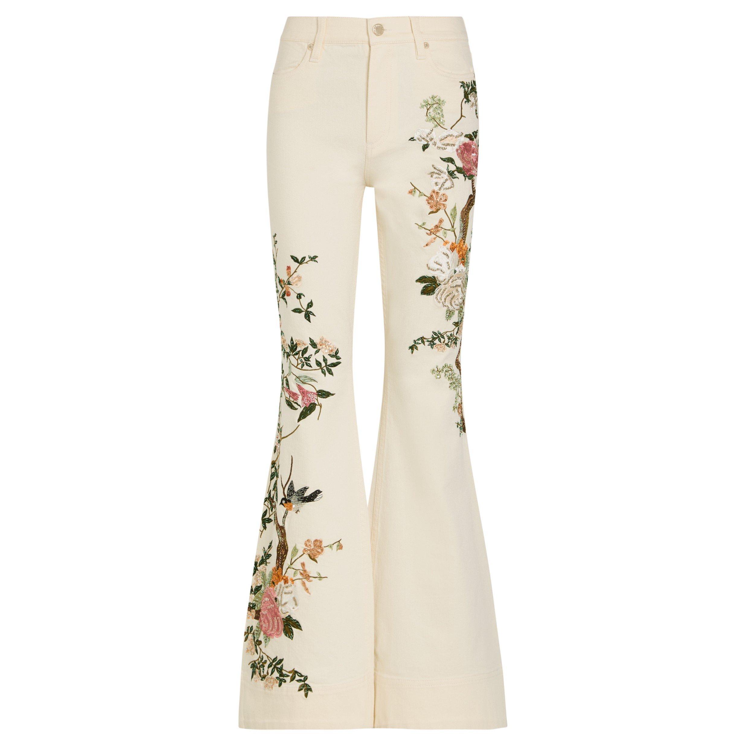 WHITE AND OTHER - Alice And Olivia - Women's Cotton Embroidered High-Rise Bootcut Jeans - 1