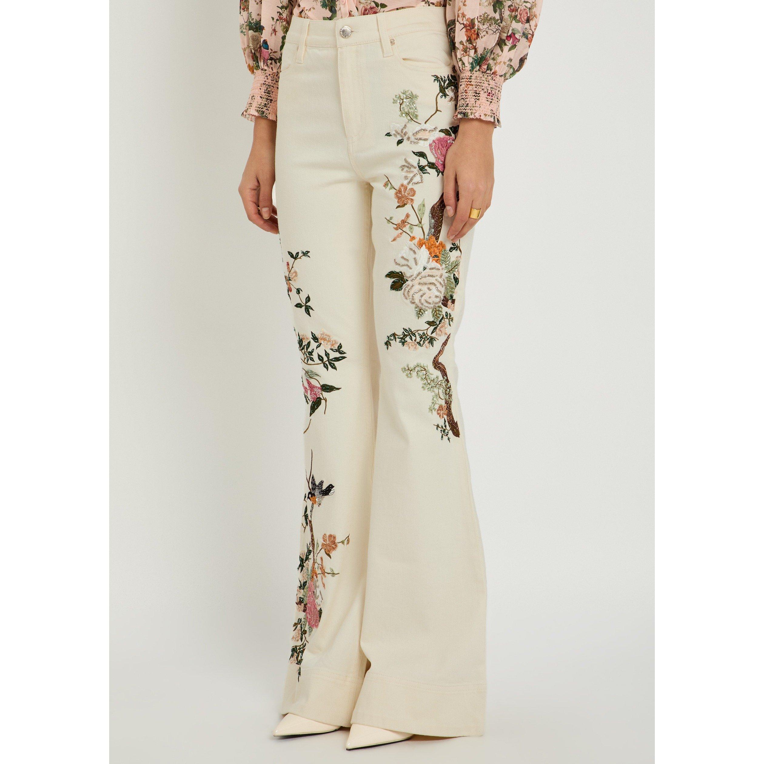 WHITE AND OTHER - Alice And Olivia - Women's Cotton Embroidered High-Rise Bootcut Jeans - 2