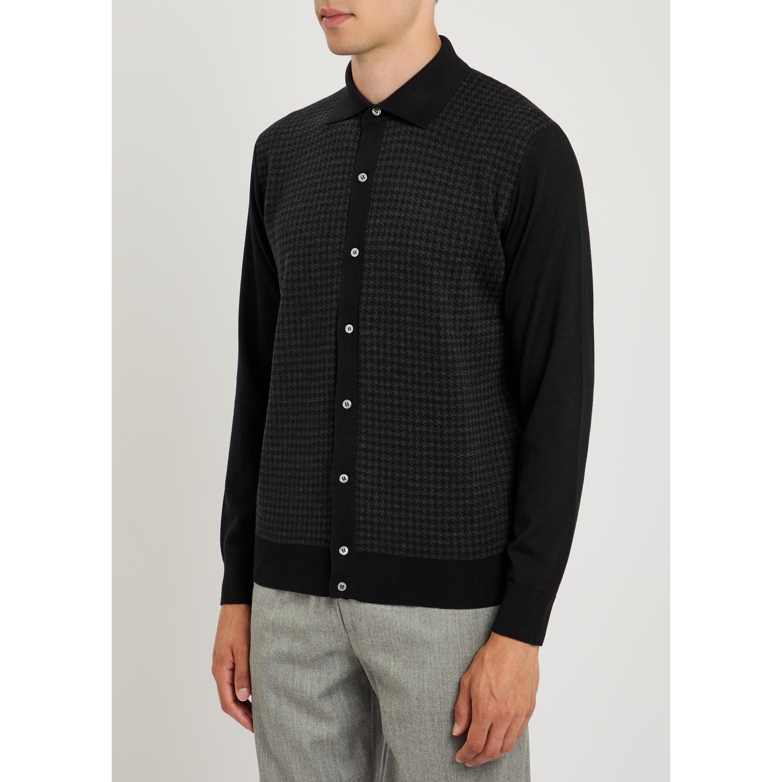 BLACK - Lardini - Men's Houndstooth Wool Cardigan - 2