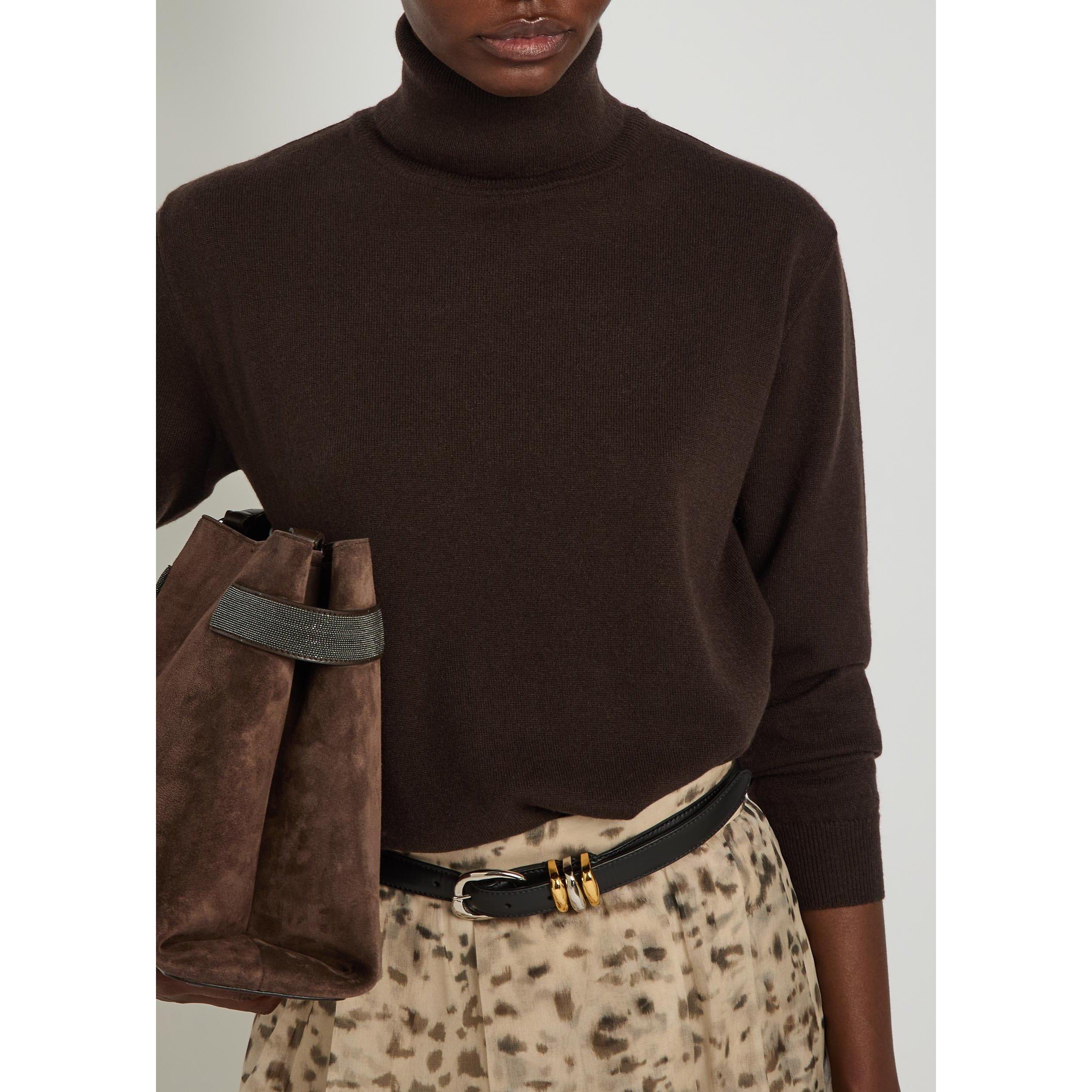 DARK BROWN - Brunello Cucinelli - Women's Embellished Cashmere Turtle-Neck Jumper - 4