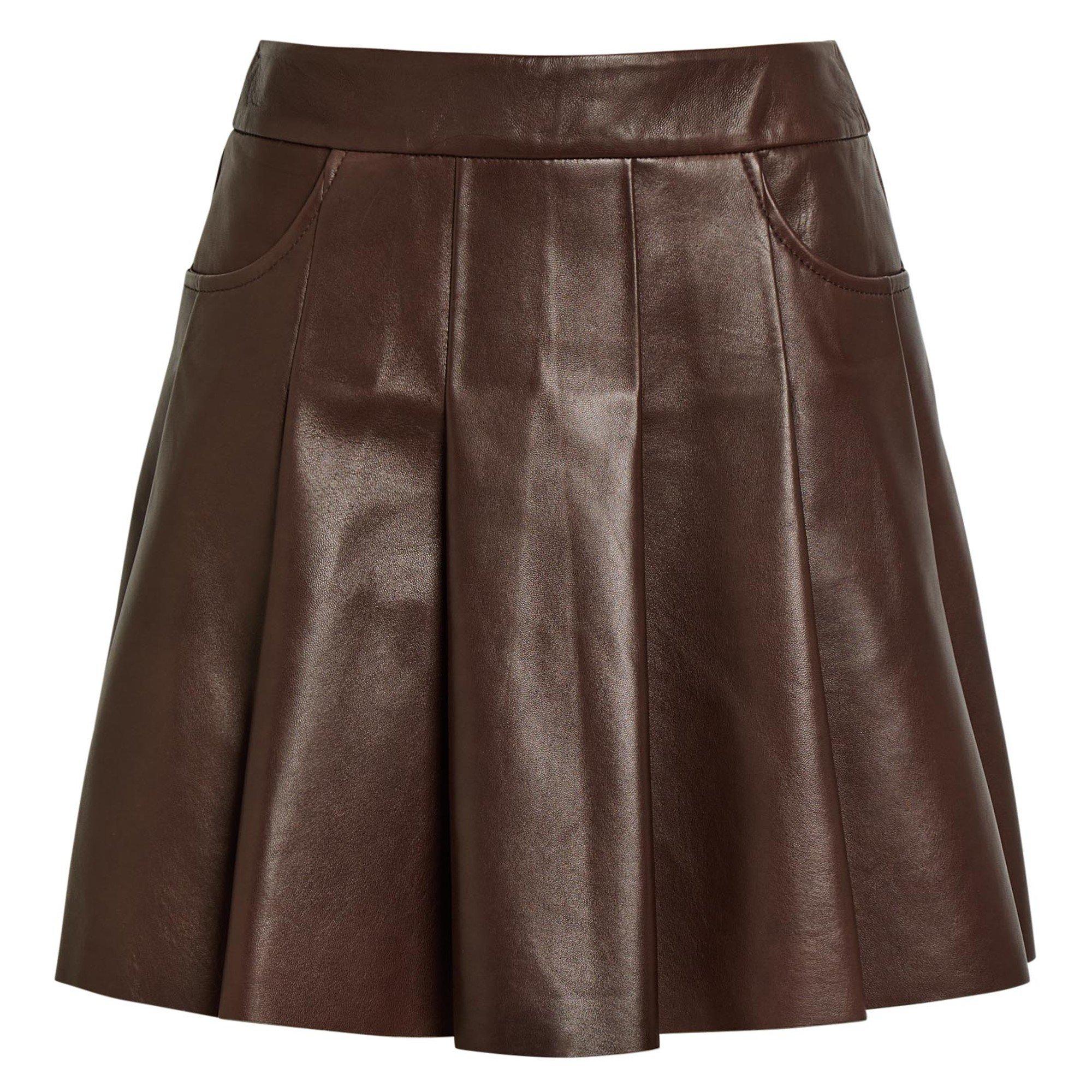 BROWN - Nour Hammour - Women's Pleat Leather Skirt - 1