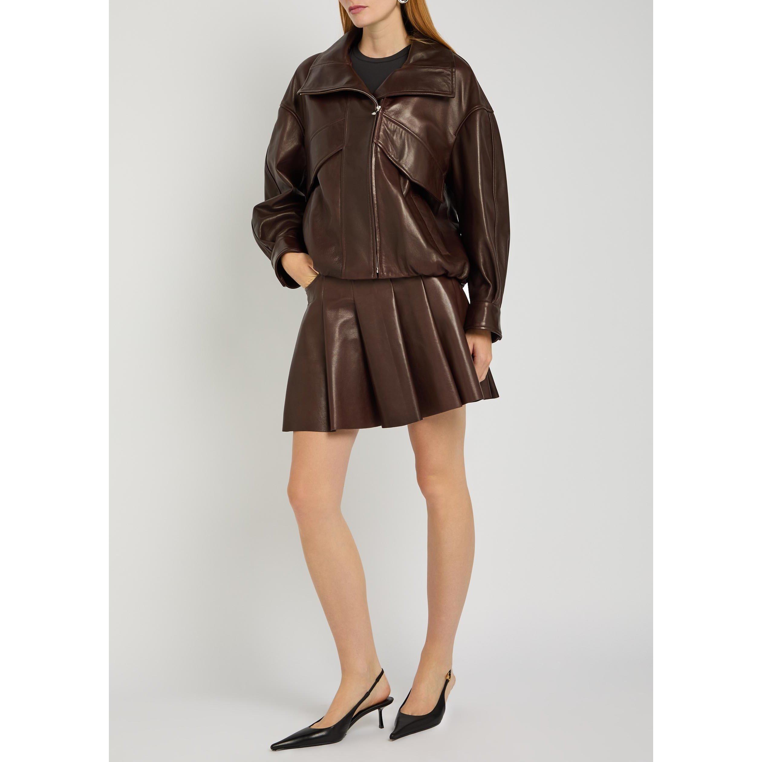 BROWN - Nour Hammour - Women's Pleat Leather Skirt - 5