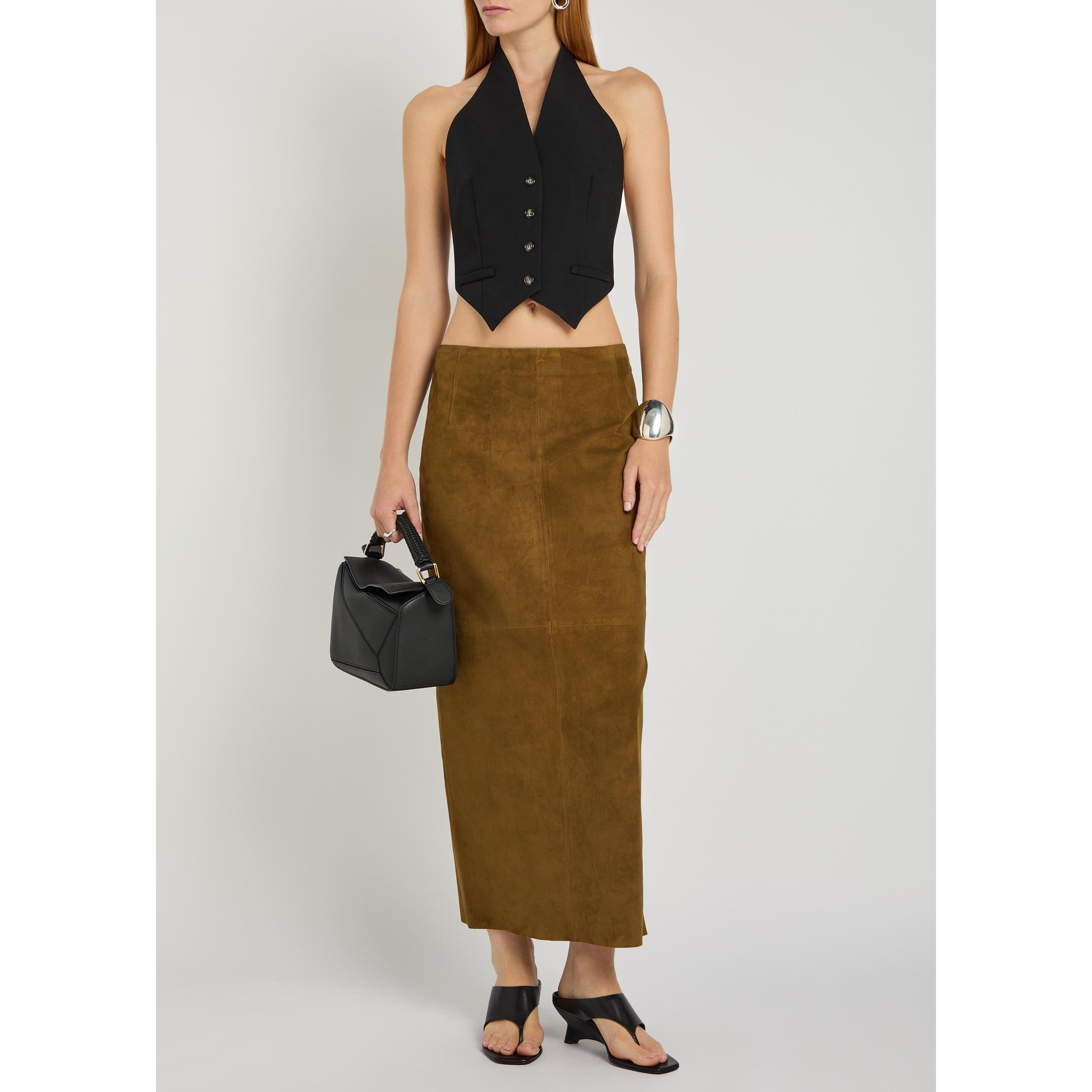 DARK BROWN - Nour Hammour - Women's Selly Suede Midi Skirt - 5