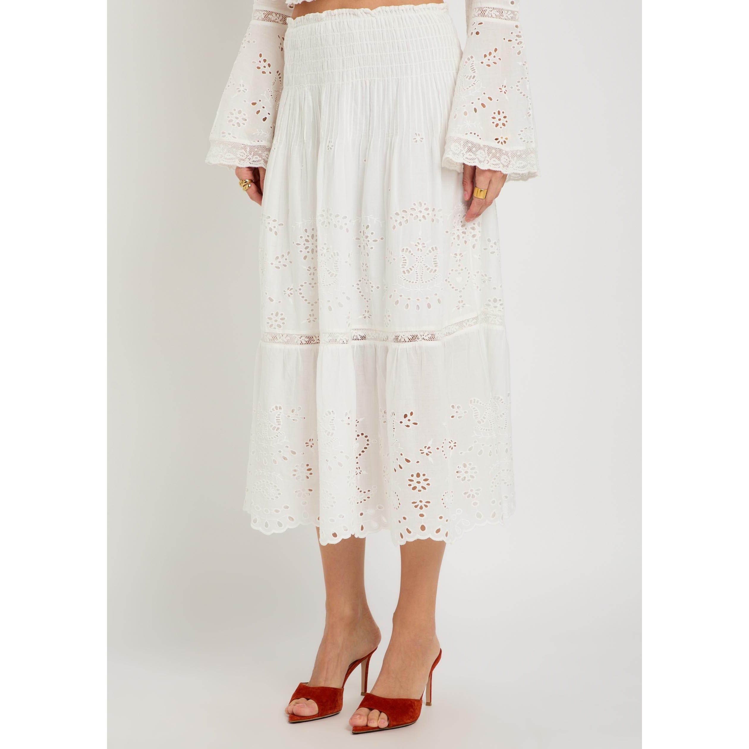 WHITE - LoveshackFancy - Women's Mallow Cotton Embroidered Midi Skirt - 2