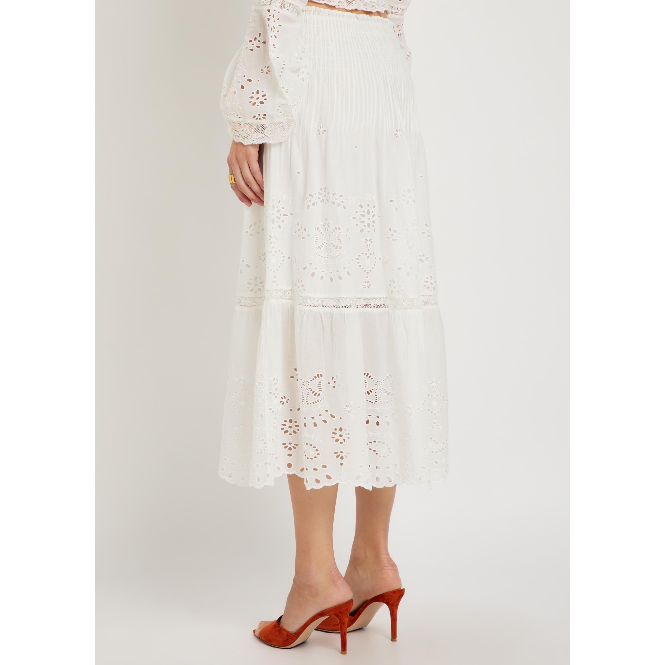 WHITE - LoveshackFancy - Women's Mallow Cotton Embroidered Midi Skirt - 3