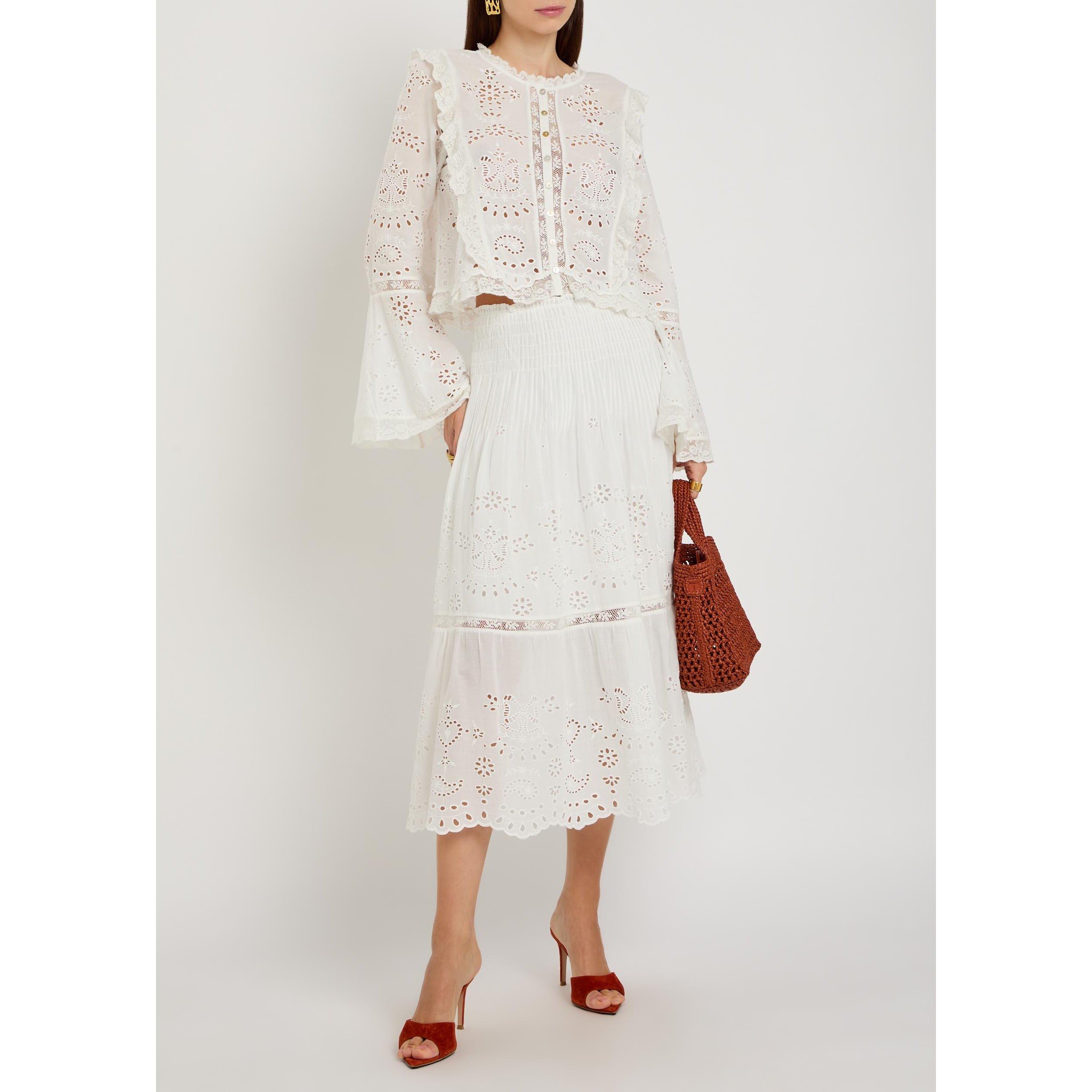 WHITE - LoveshackFancy - Women's Mallow Cotton Embroidered Midi Skirt - 5