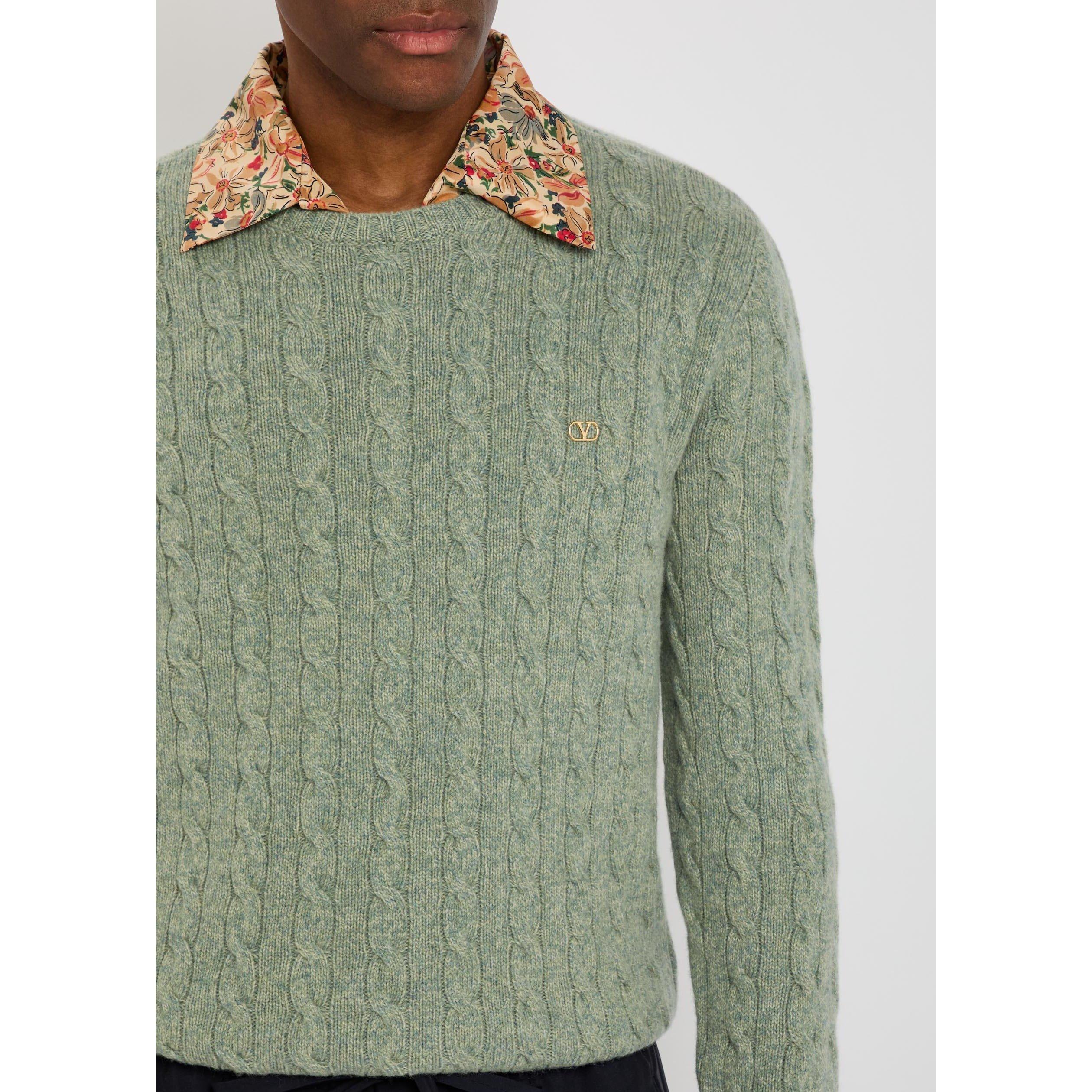 GREY - Valentino - Men's Val Cable-Knit Wool Crew-Neck Jumper - 4
