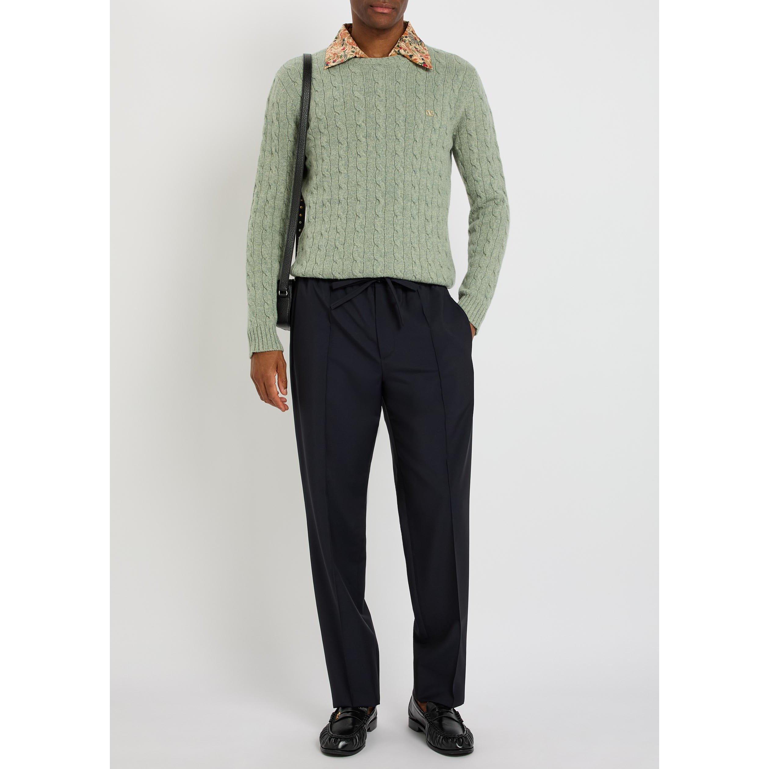 GREY - Valentino - Men's Val Cable-Knit Wool Crew-Neck Jumper - 5
