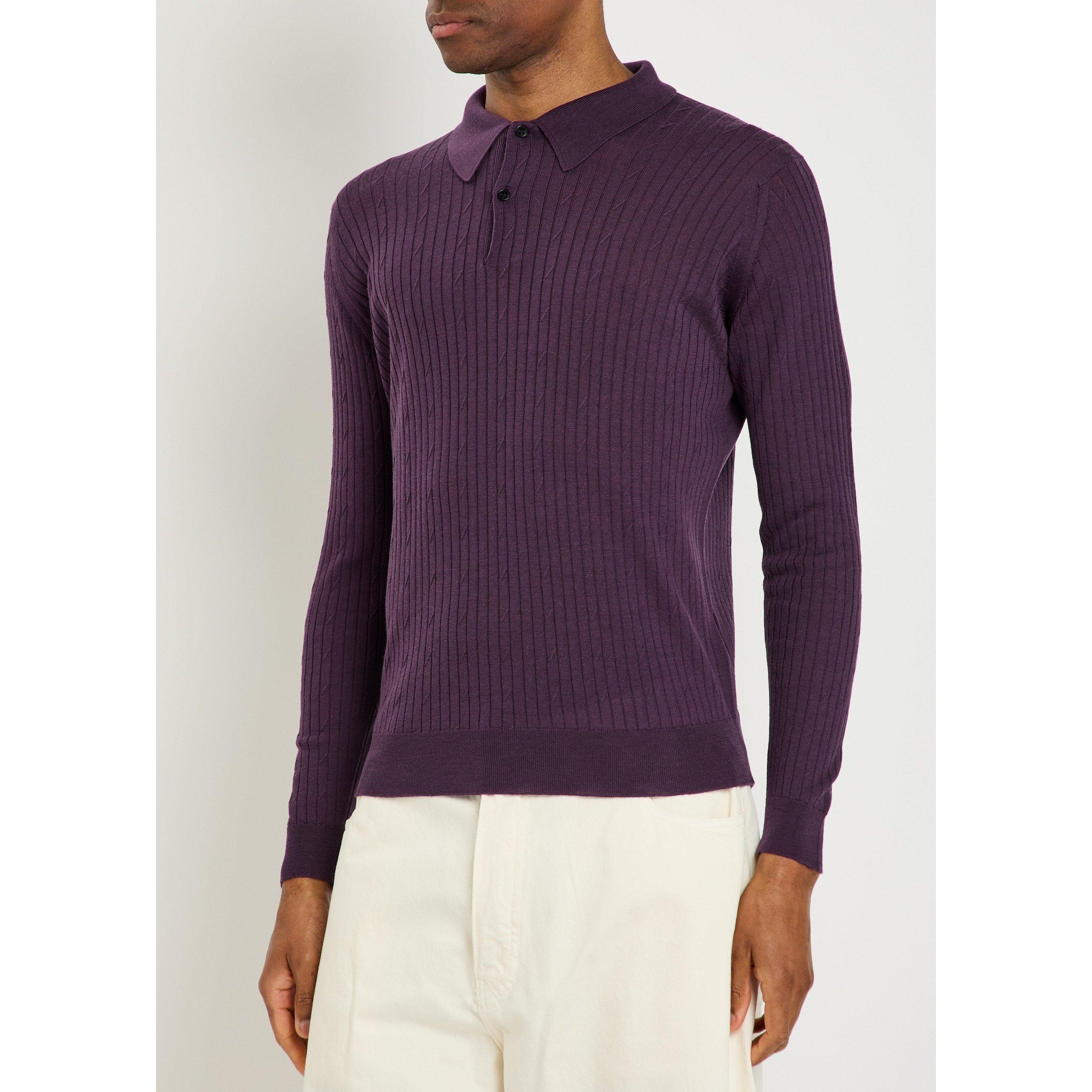 DARK PURPLE - John Smedley - Men's Hodson Merino Wool Long-Sleeve Polo Shirt - 2