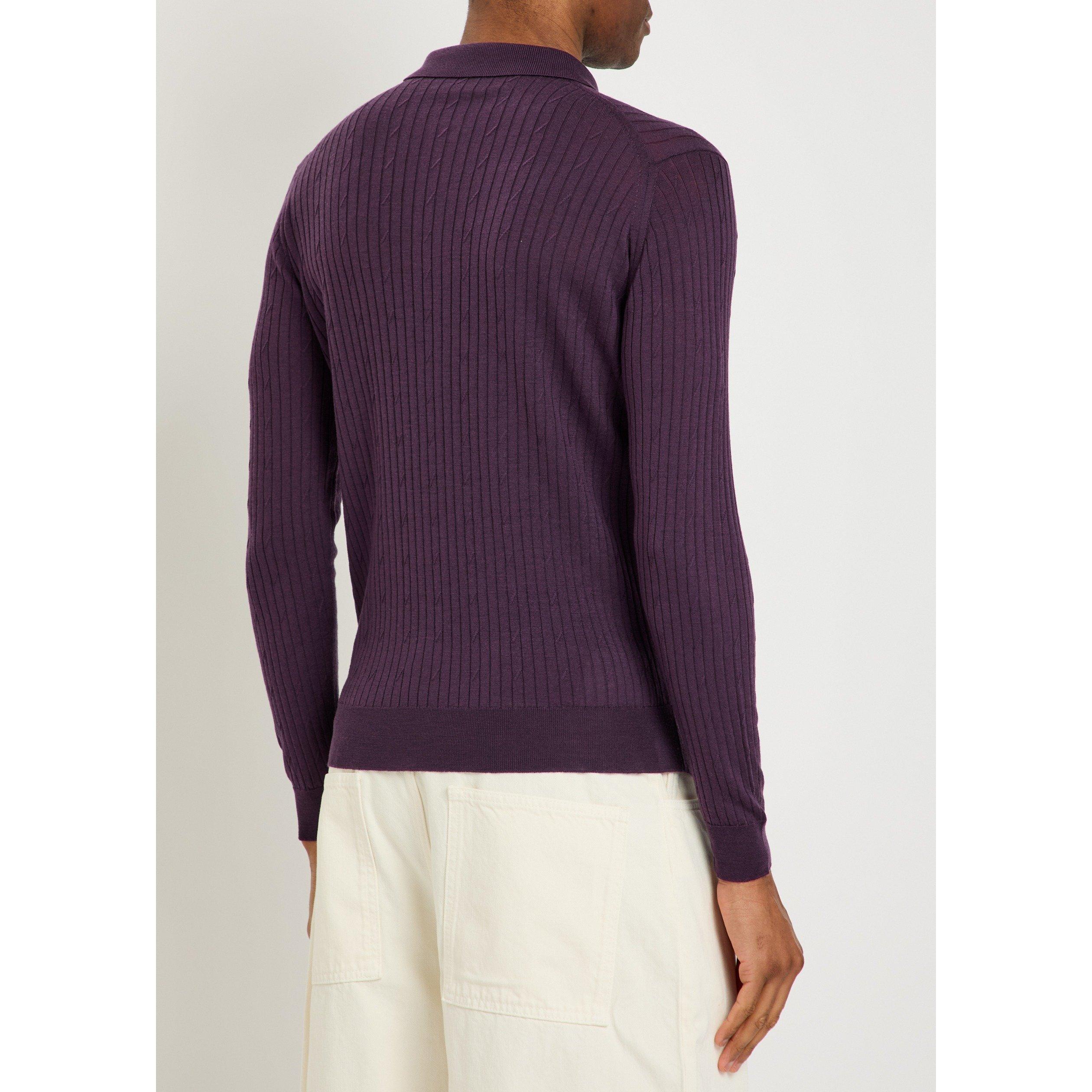 DARK PURPLE - John Smedley - Men's Hodson Merino Wool Long-Sleeve Polo Shirt - 3