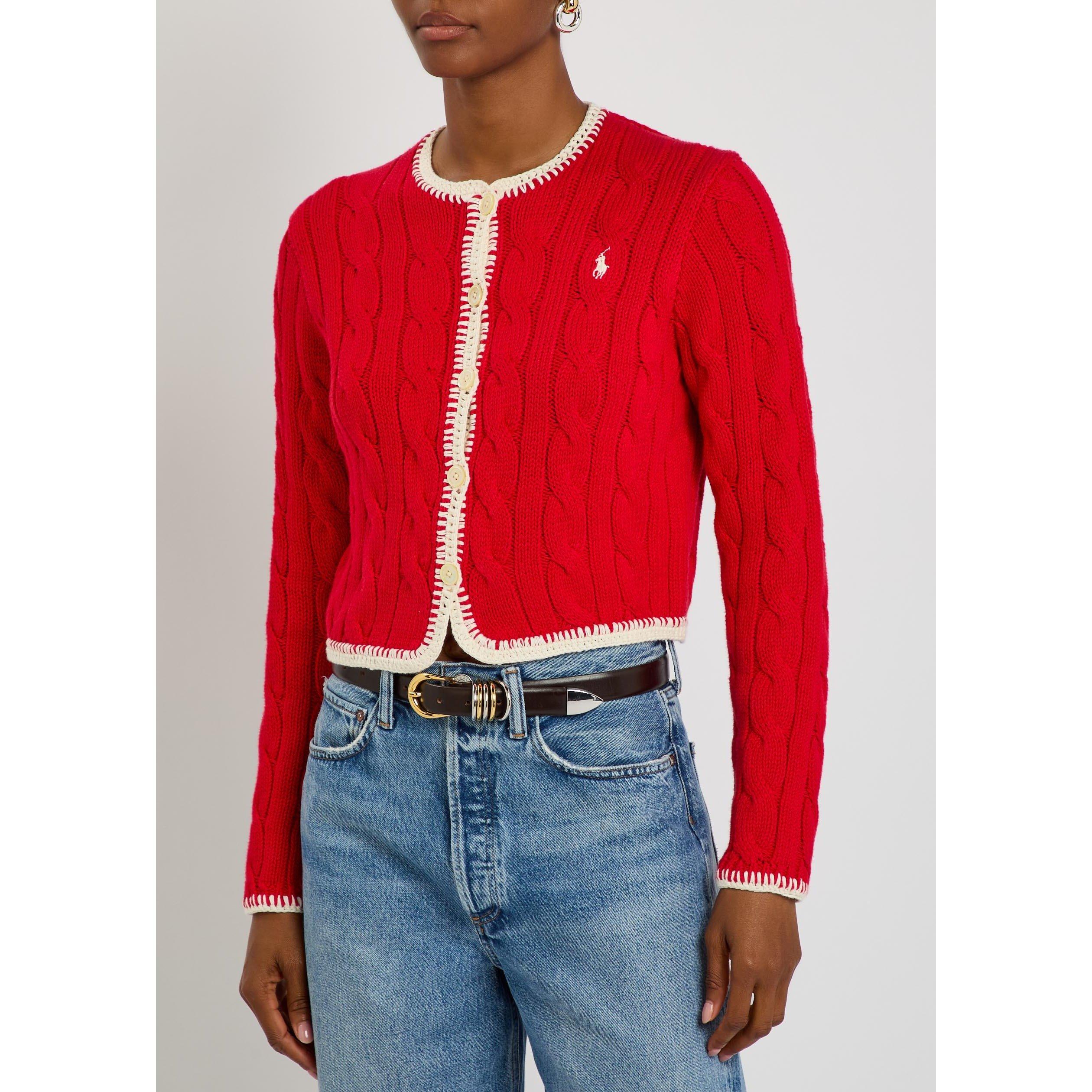 RED - Polo Ralph Lauren - Women's Cable Knit Cotton Slim-Fit Cropped Cardigan - 2
