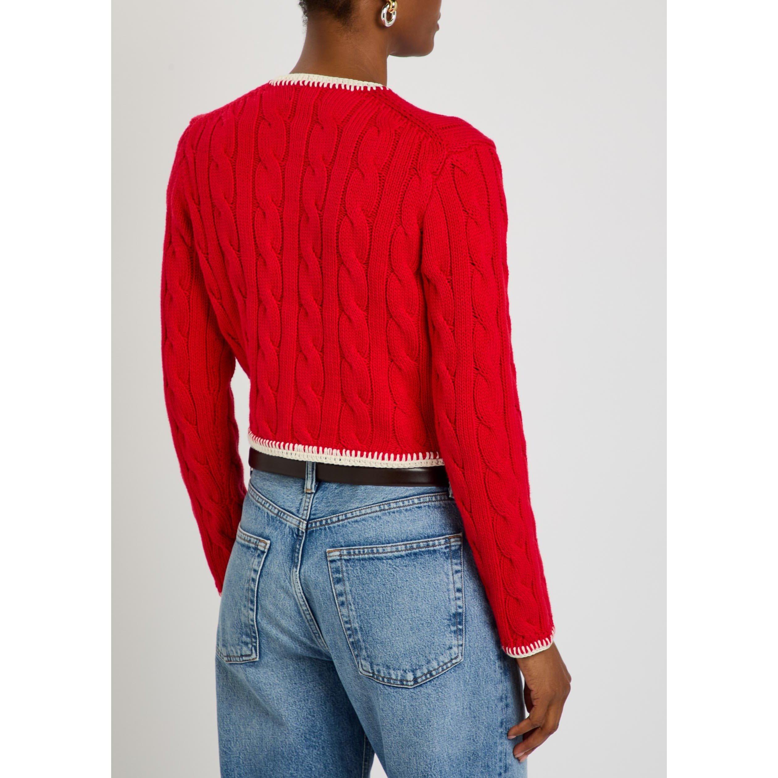 RED - Polo Ralph Lauren - Women's Cable Knit Cotton Slim-Fit Cropped Cardigan - 3
