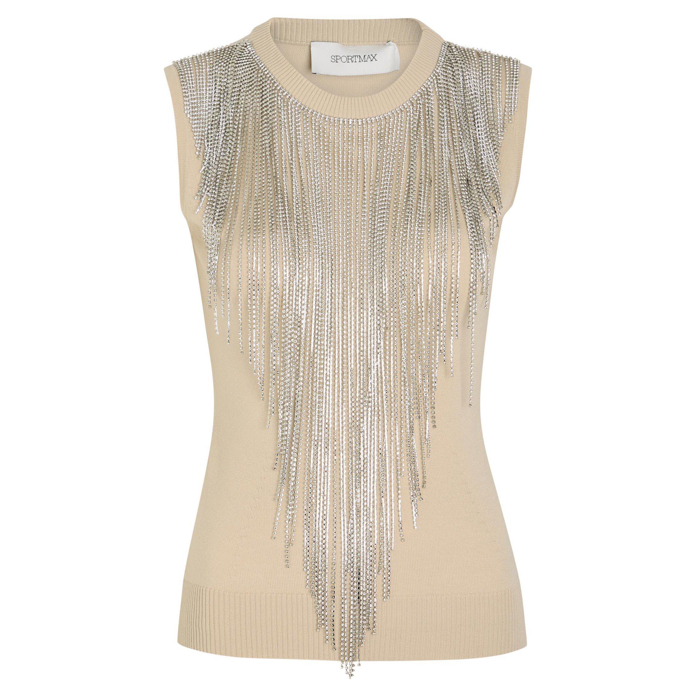 BEIGE - Sportmax - Women's Crystal-Embellished Wool Slim-Fit Sweater Vest - 1