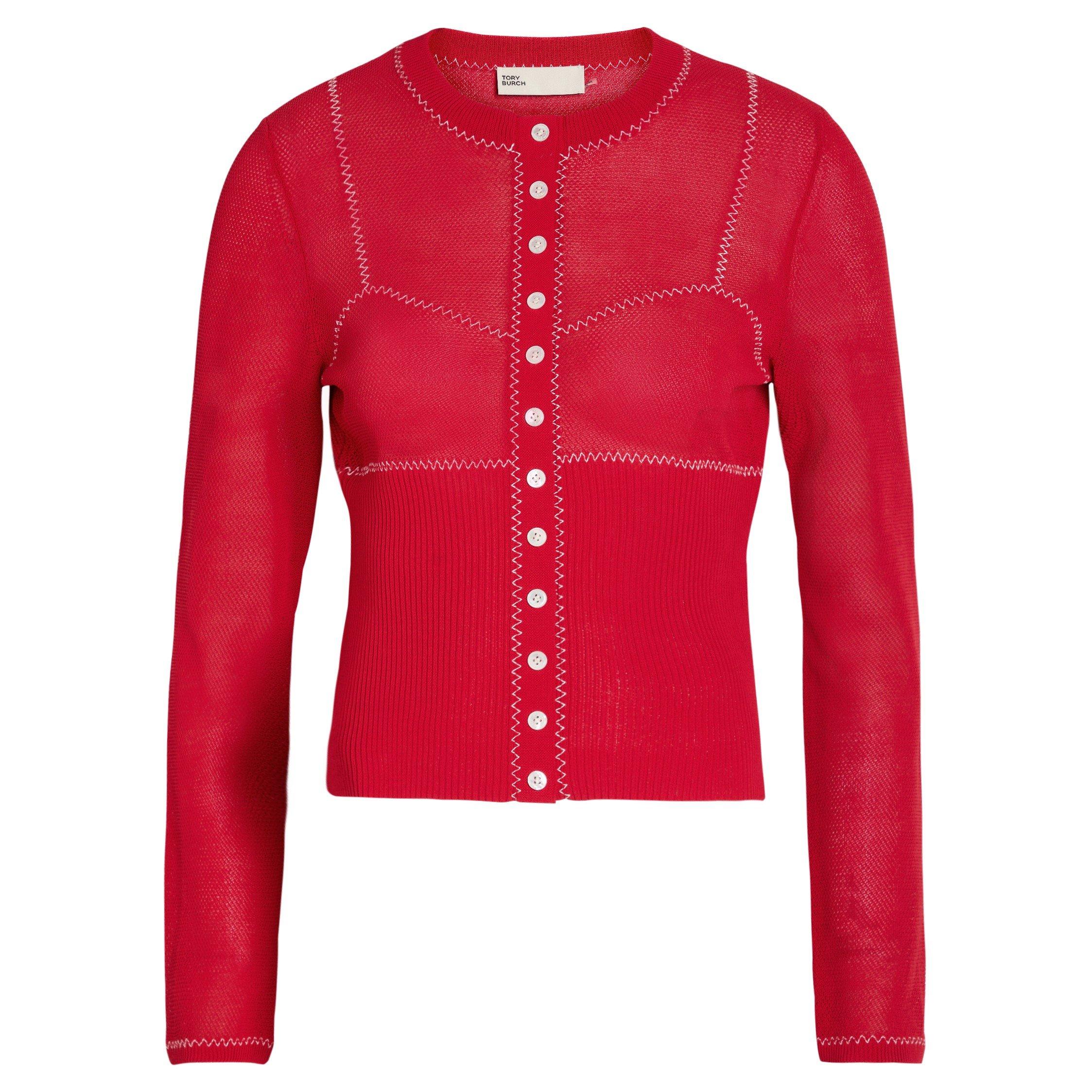 RED AND WHITE - Tory Burch - Women's T Mesh Slim-Fit Cardigan - 1