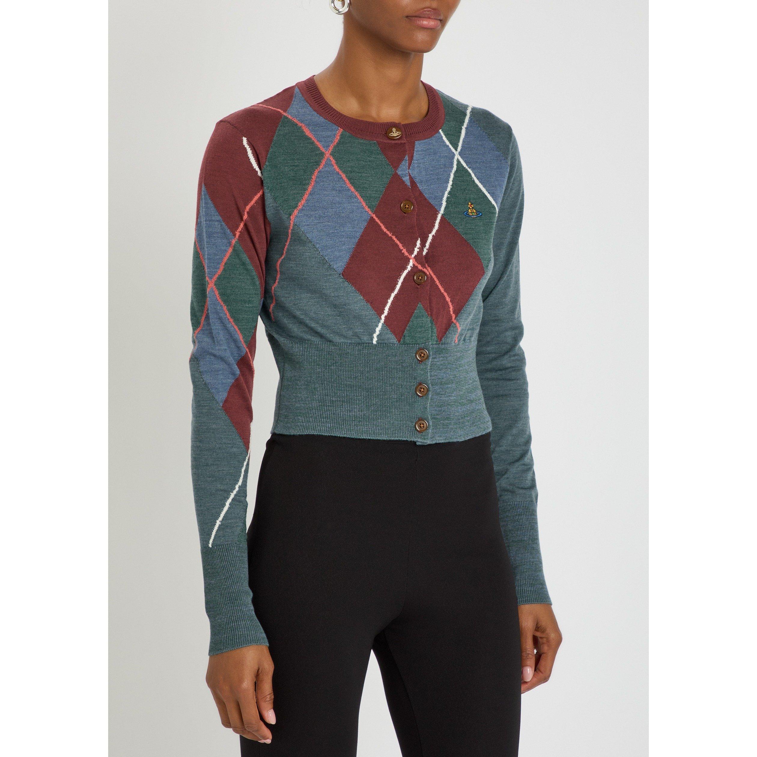 MULTICOLOURED - Vivienne Westwood - Women's Argyle Cropped Wool Slim-Fit Cardigan - 2