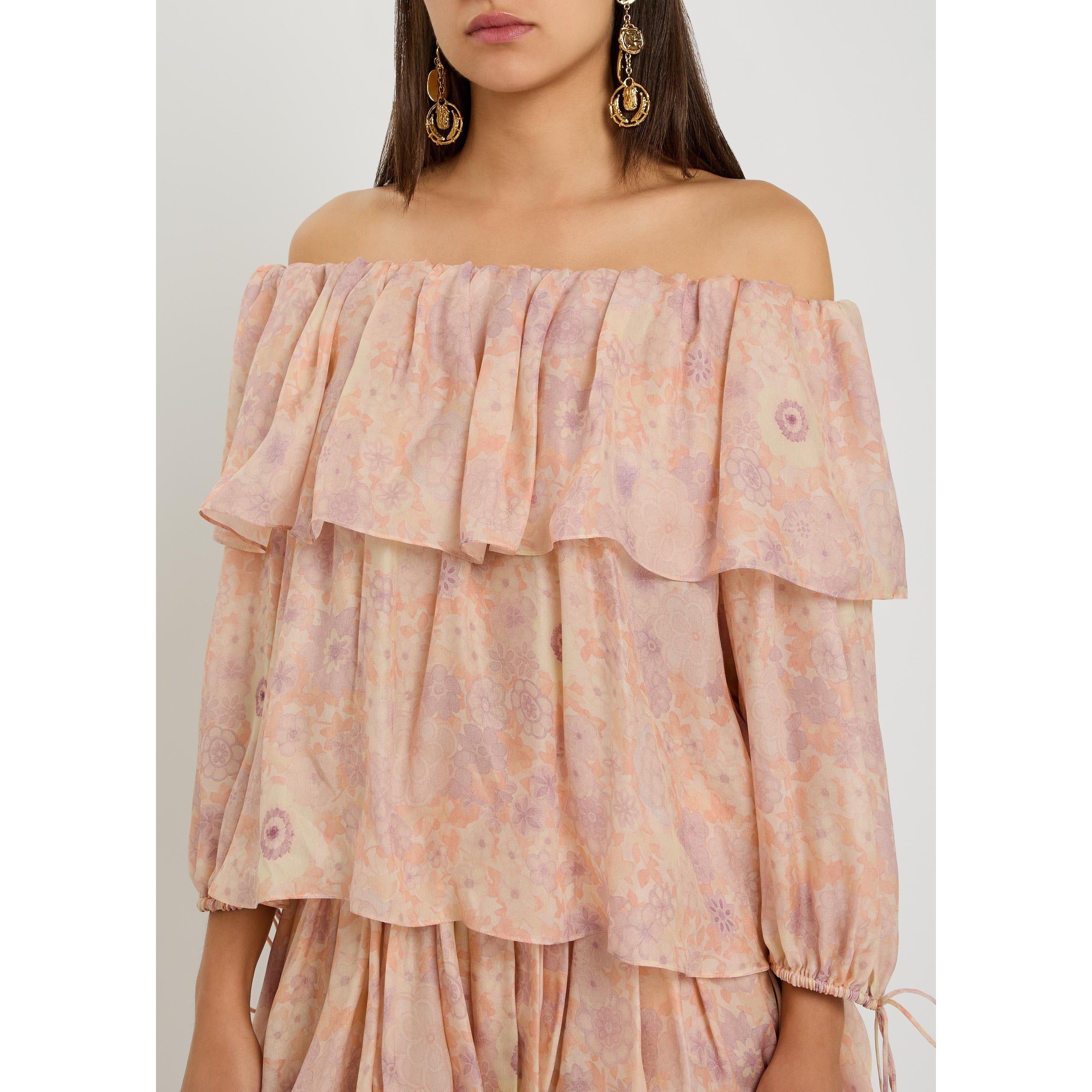 PINK AND OTHER - Chloe - Women's Silk Floral 3/4 Sleeve Off-Shoulder Top - 4