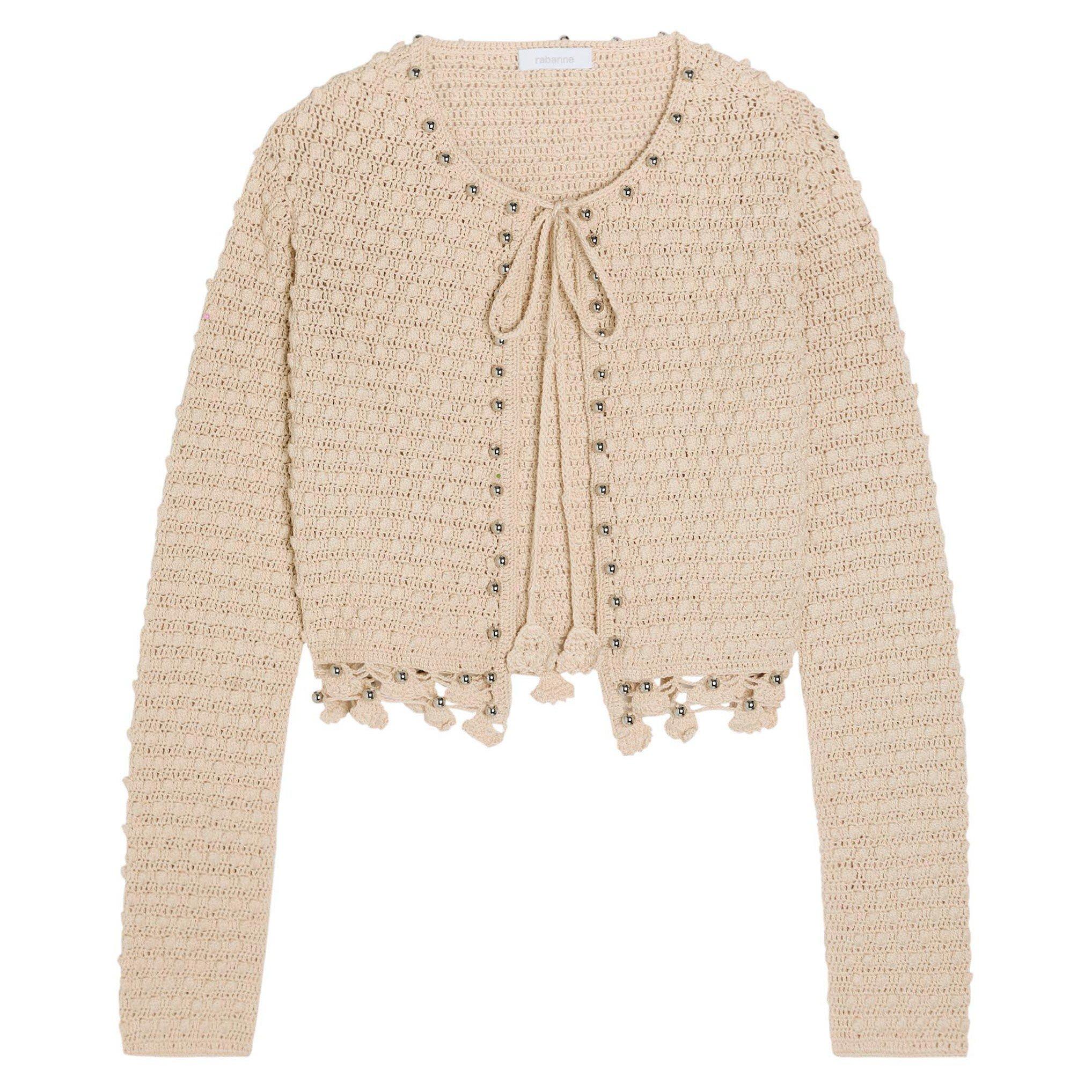ECRU - Rabanne - Women's Embellished Crochet-Knit Cotton Cardigan - 1