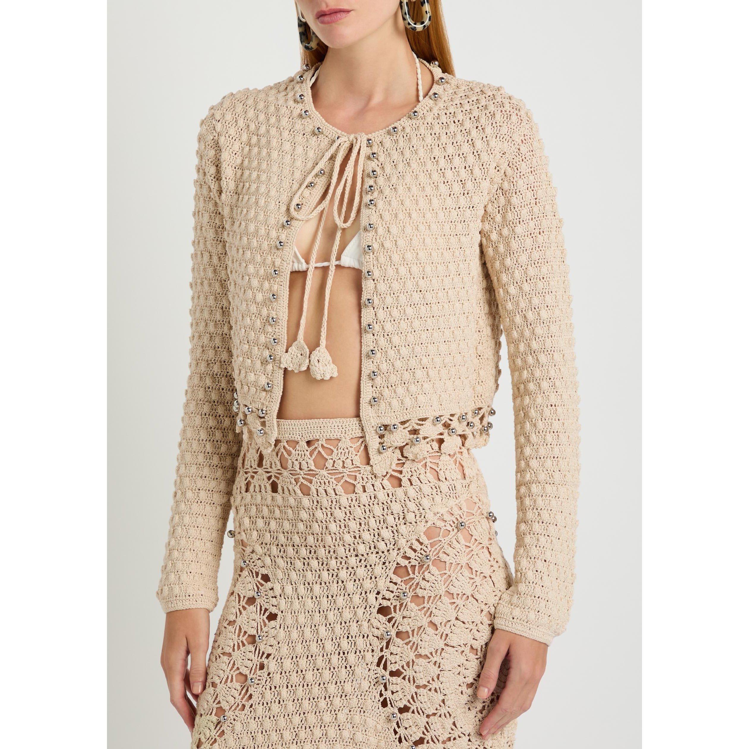 ECRU - Rabanne - Women's Embellished Crochet-Knit Cotton Cardigan - 2