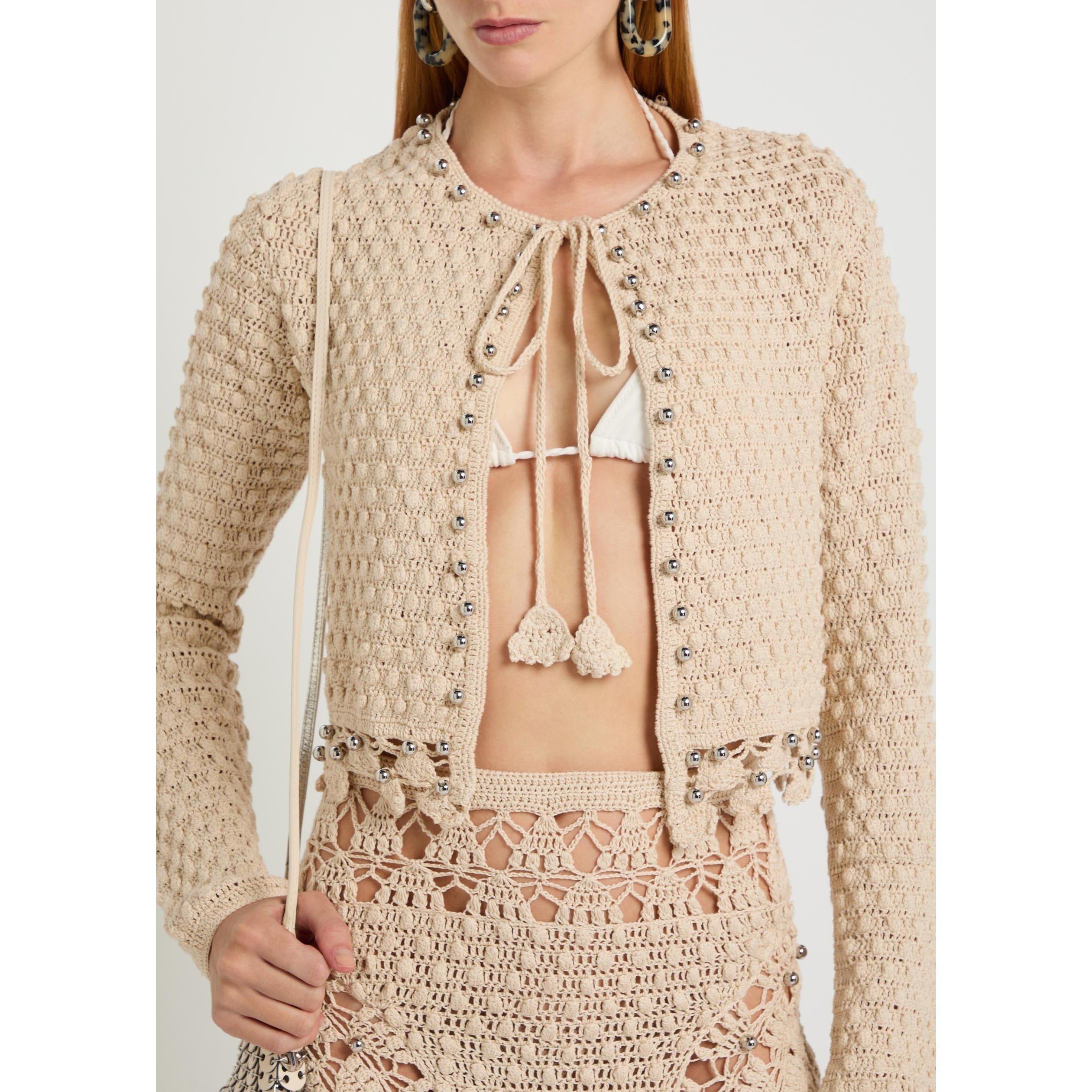 ECRU - Rabanne - Women's Embellished Crochet-Knit Cotton Cardigan - 4