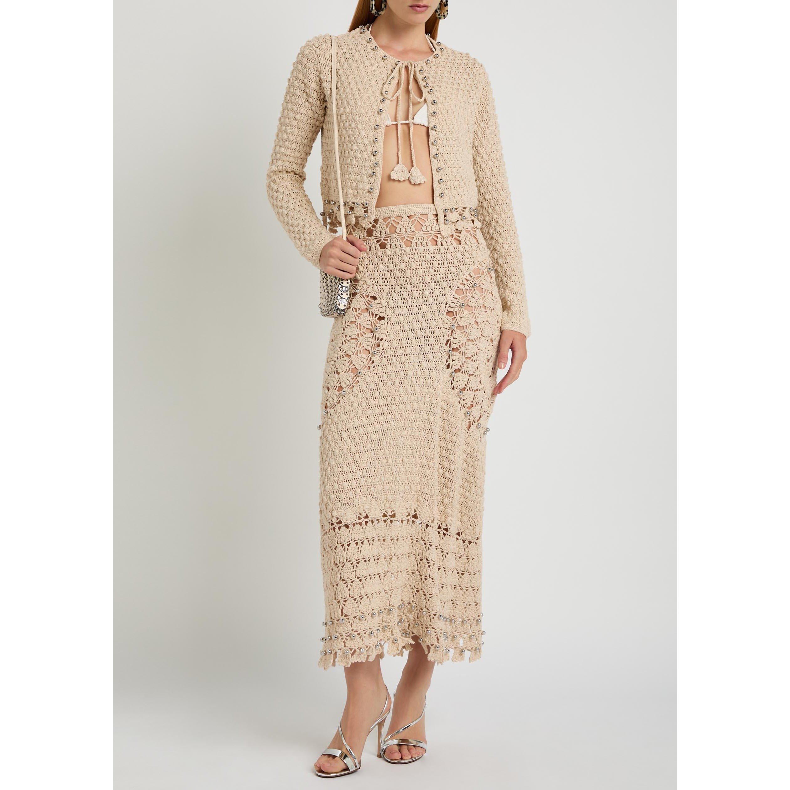 ECRU - Rabanne - Women's Embellished Crochet-Knit Cotton Cardigan - 5