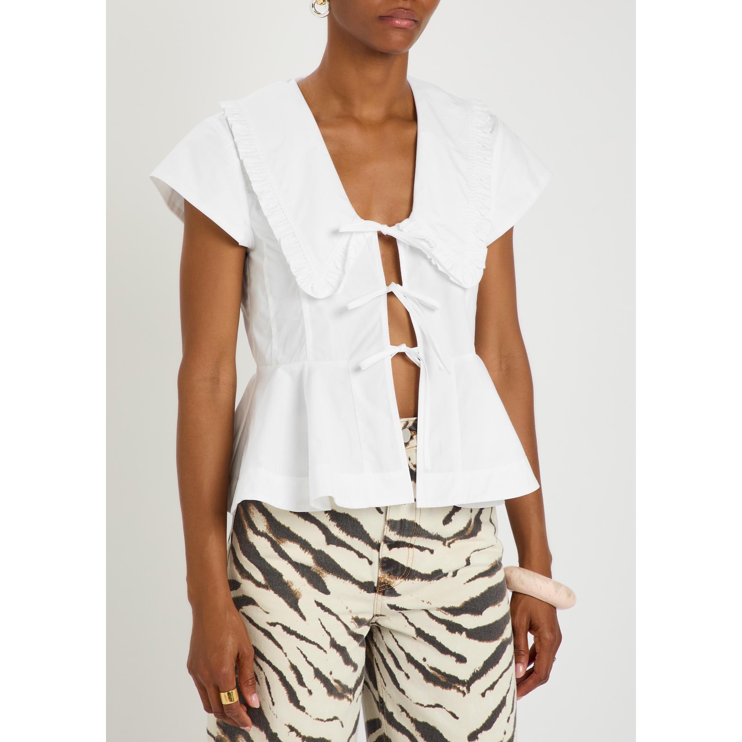 WHITE - Ganni - Women's Cotton Poplin Short-Sleeve Peplum Top - 2