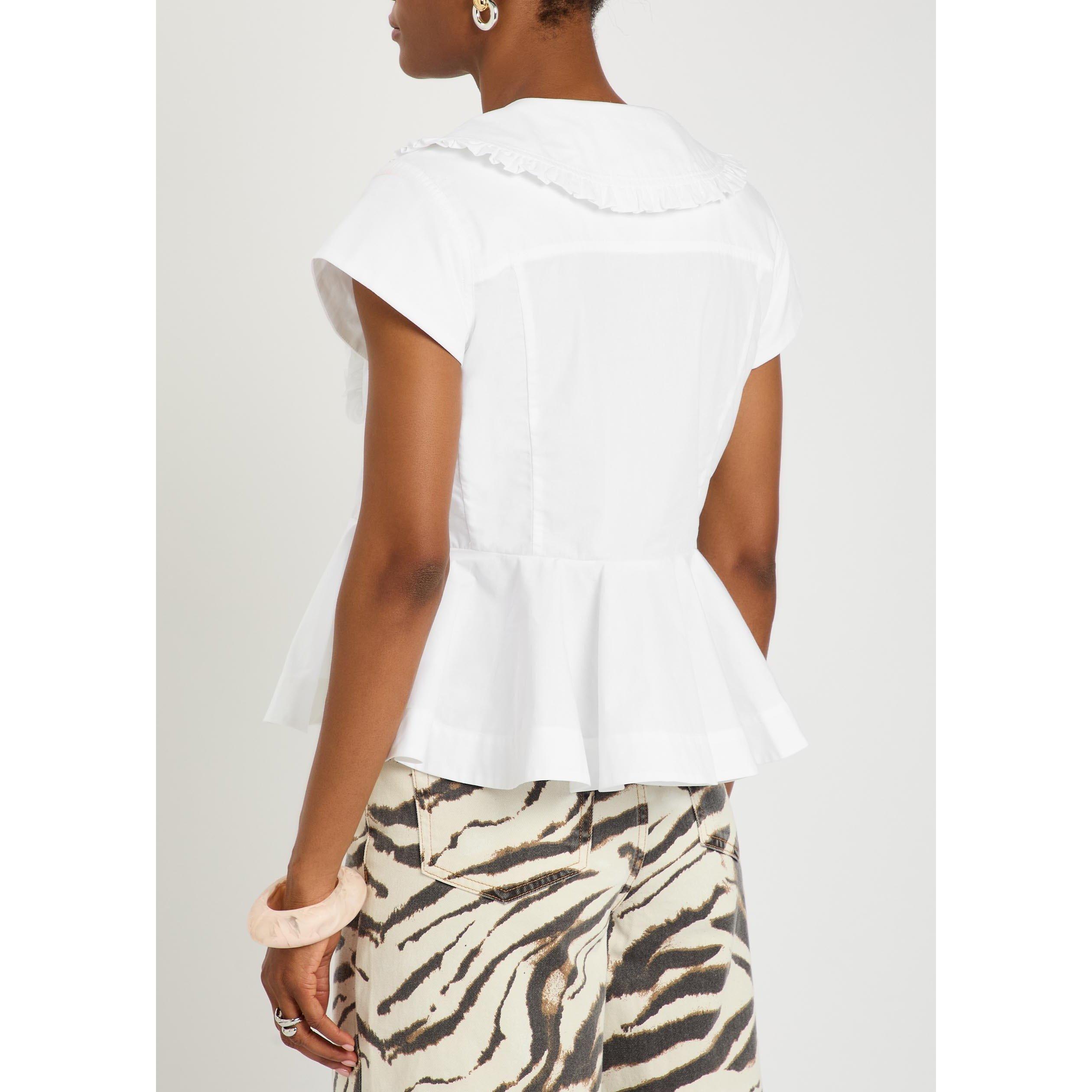 WHITE - Ganni - Women's Cotton Poplin Short-Sleeve Peplum Top - 3