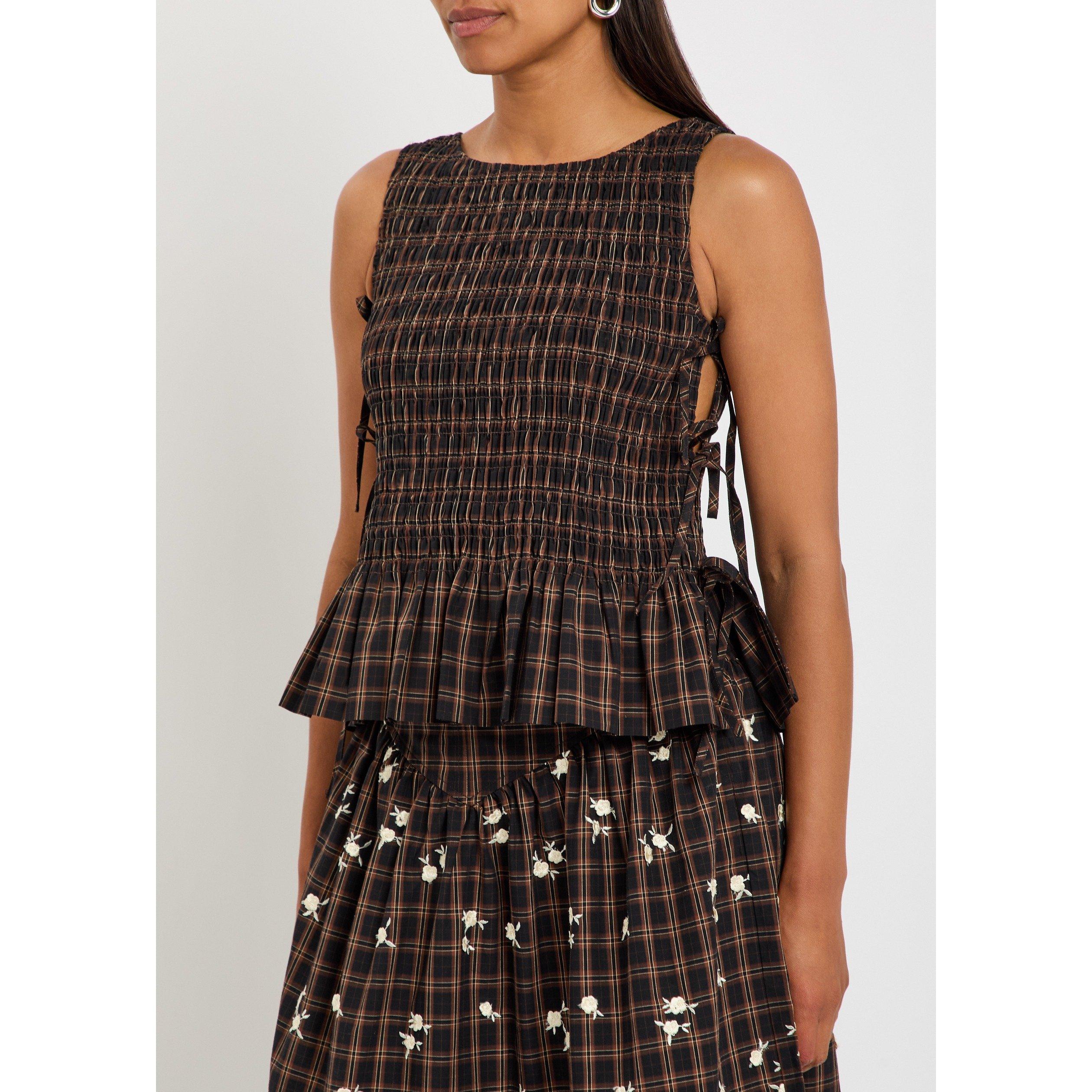 BROWN - Ganni - T Dyed Check Tie String Top - 2