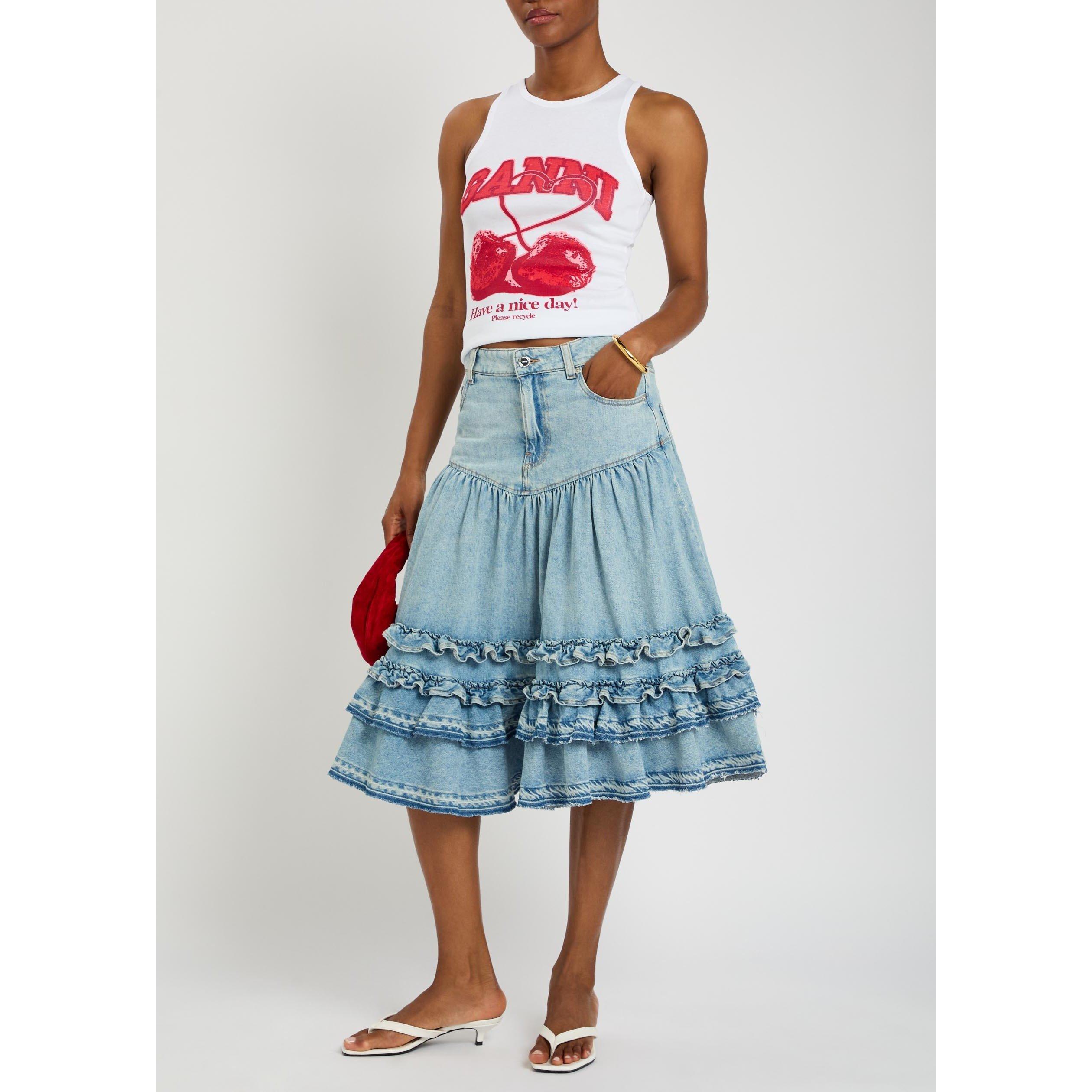LIGHT BLUE - Ganni - LS Denim Frill Midi Skirt - 5