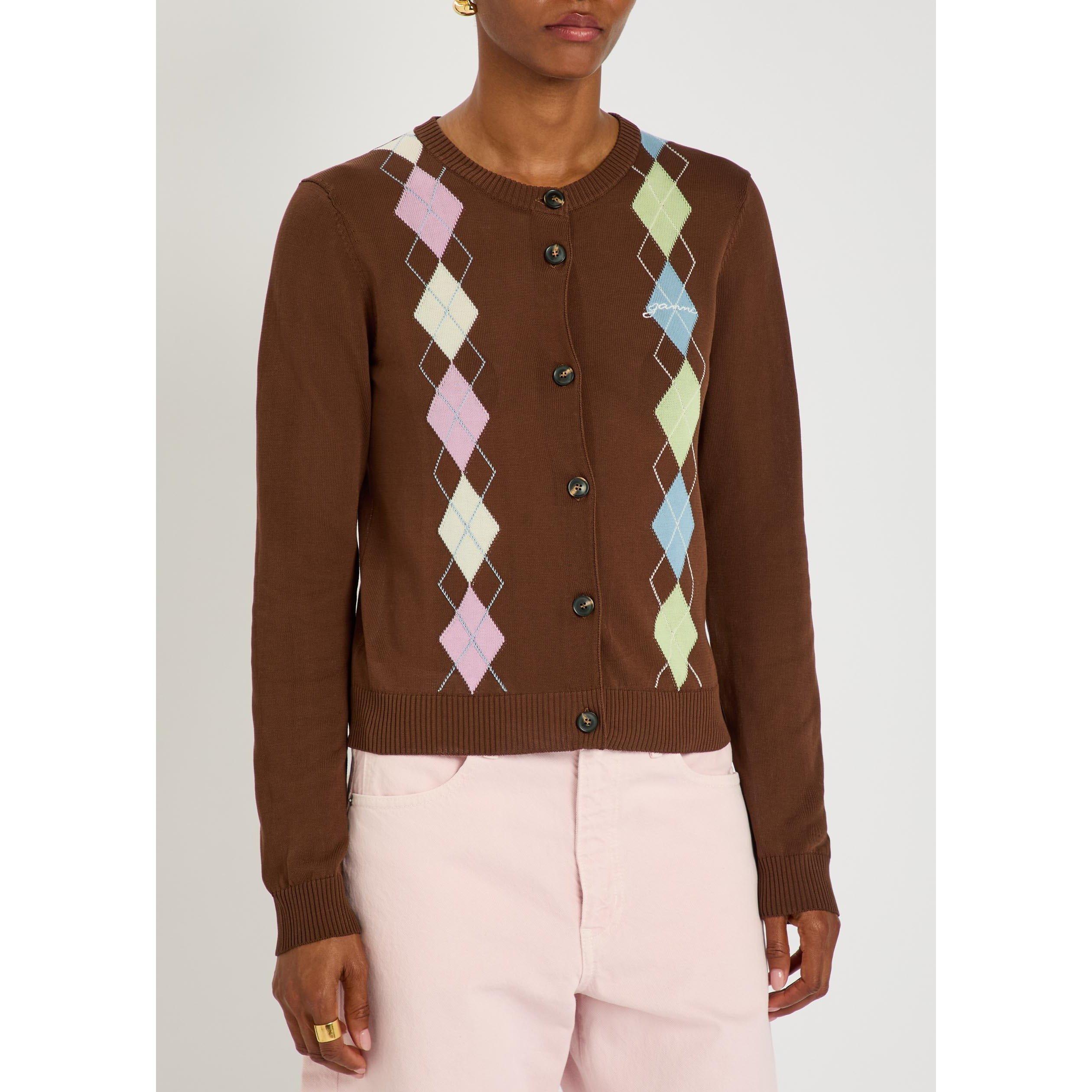 BROWN AND OTHER - Ganni - Women's Argyle Cotton Slim-Fit Cardigan - 2