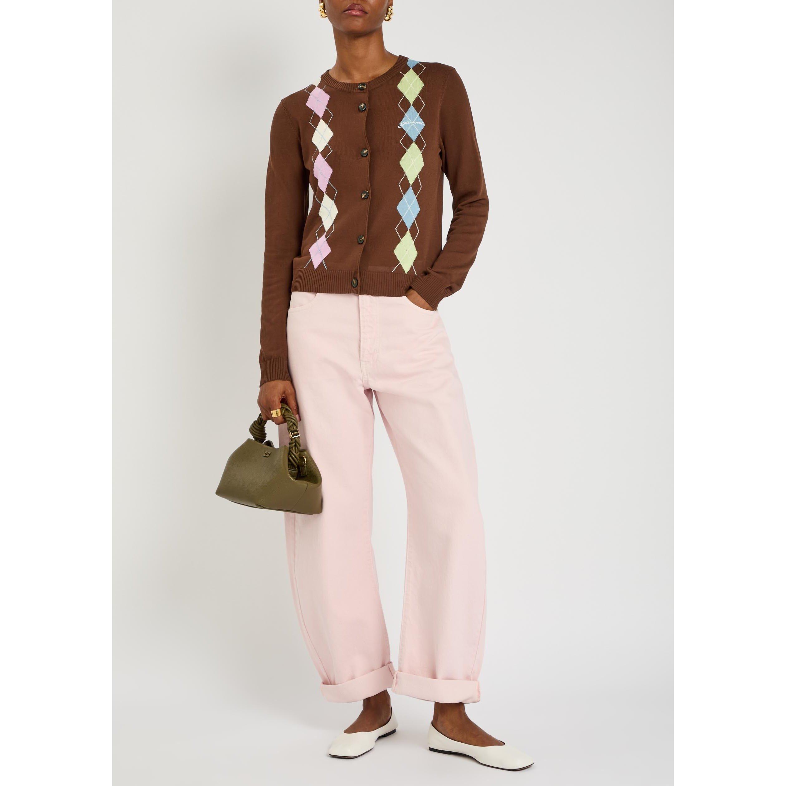 BROWN AND OTHER - Ganni - Women's Argyle Cotton Slim-Fit Cardigan - 5