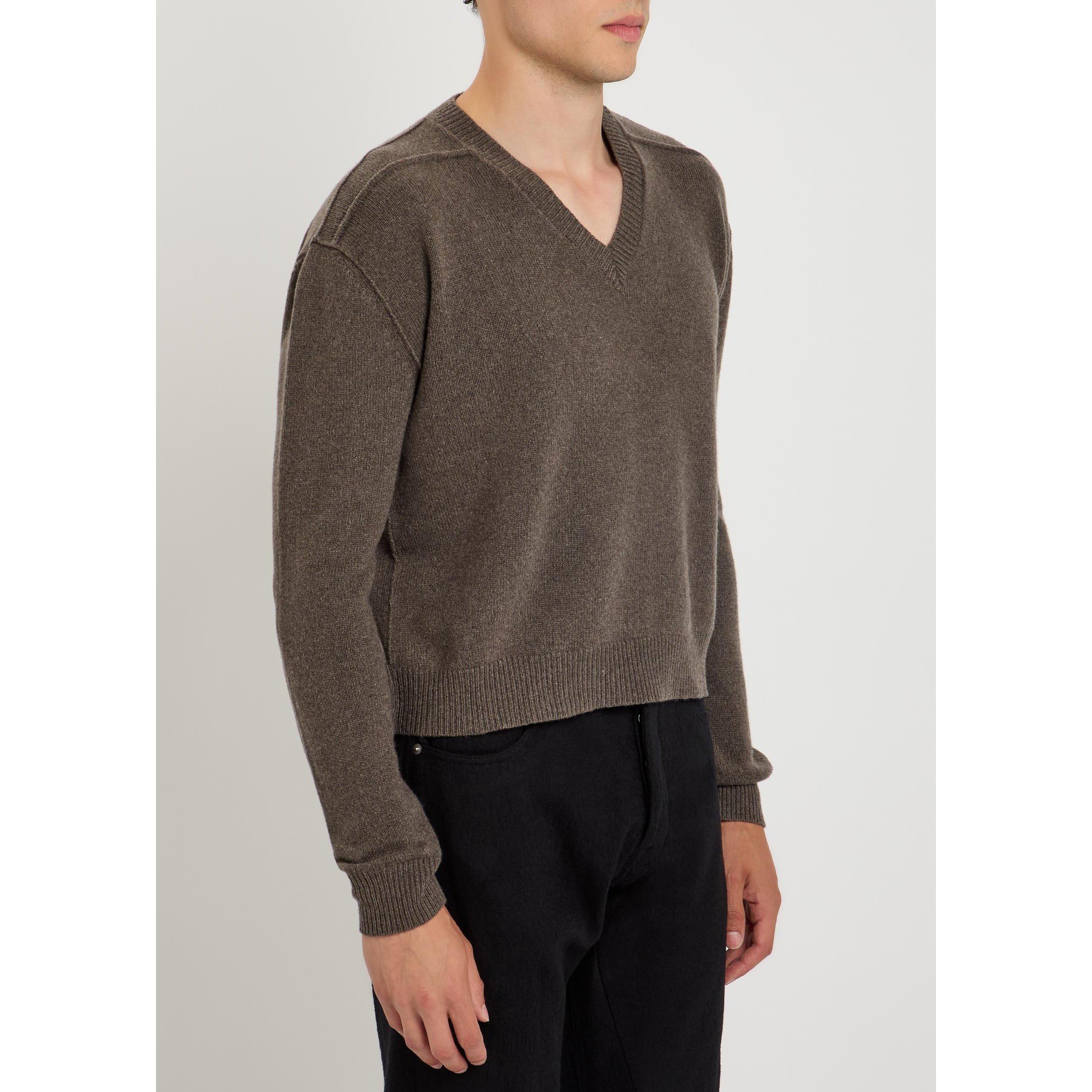 BROWN - Rick Owens - Men's Tommy Cashmere Cropped-Fit V-Neck Jumper - 2