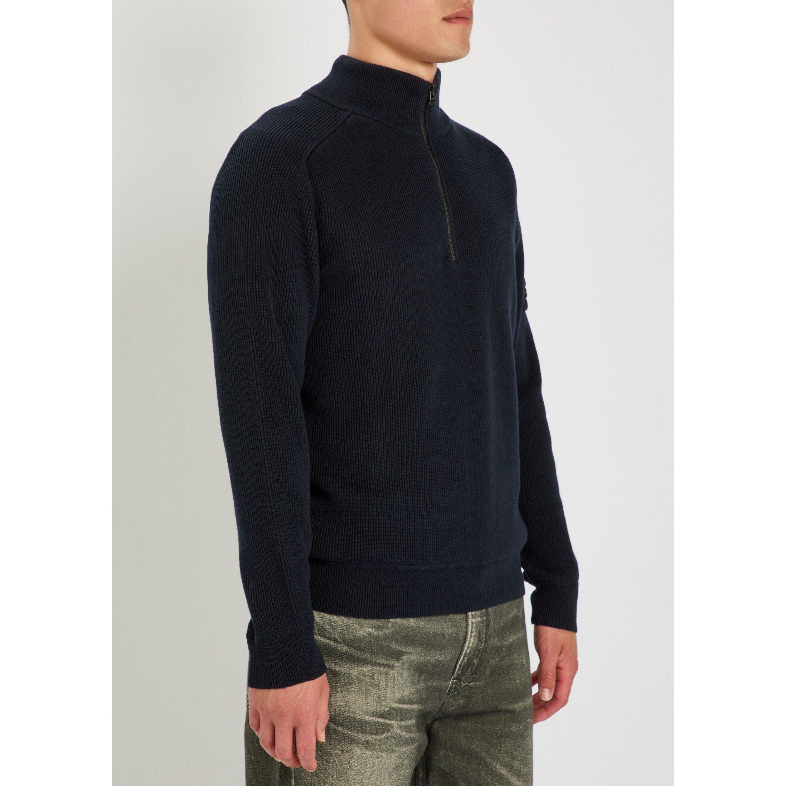 NAVY - Stone Island - Men's 1/4 Zip Funnel-Neck Cotton Jumper - 2