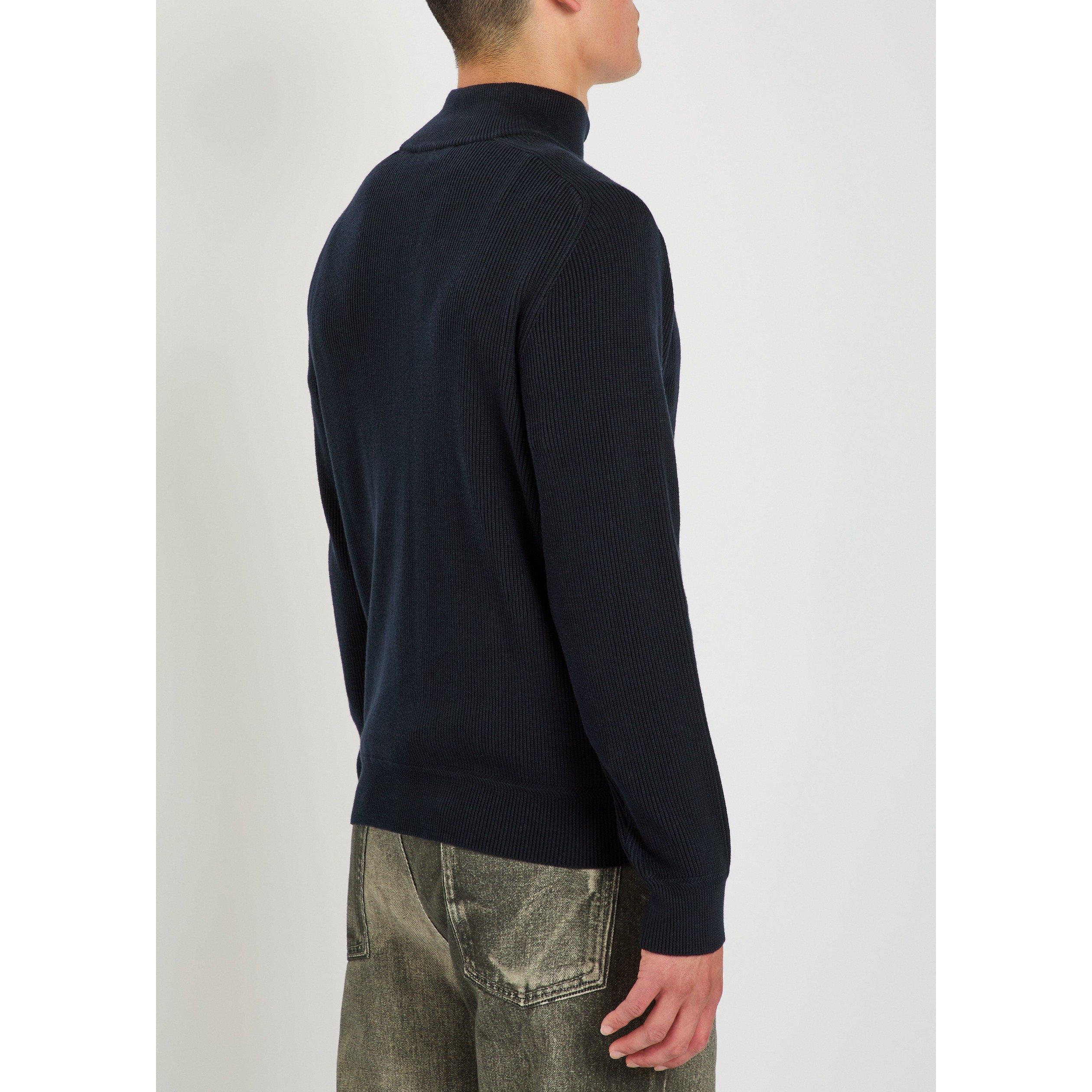 NAVY - Stone Island - Men's 1/4 Zip Funnel-Neck Cotton Jumper - 3
