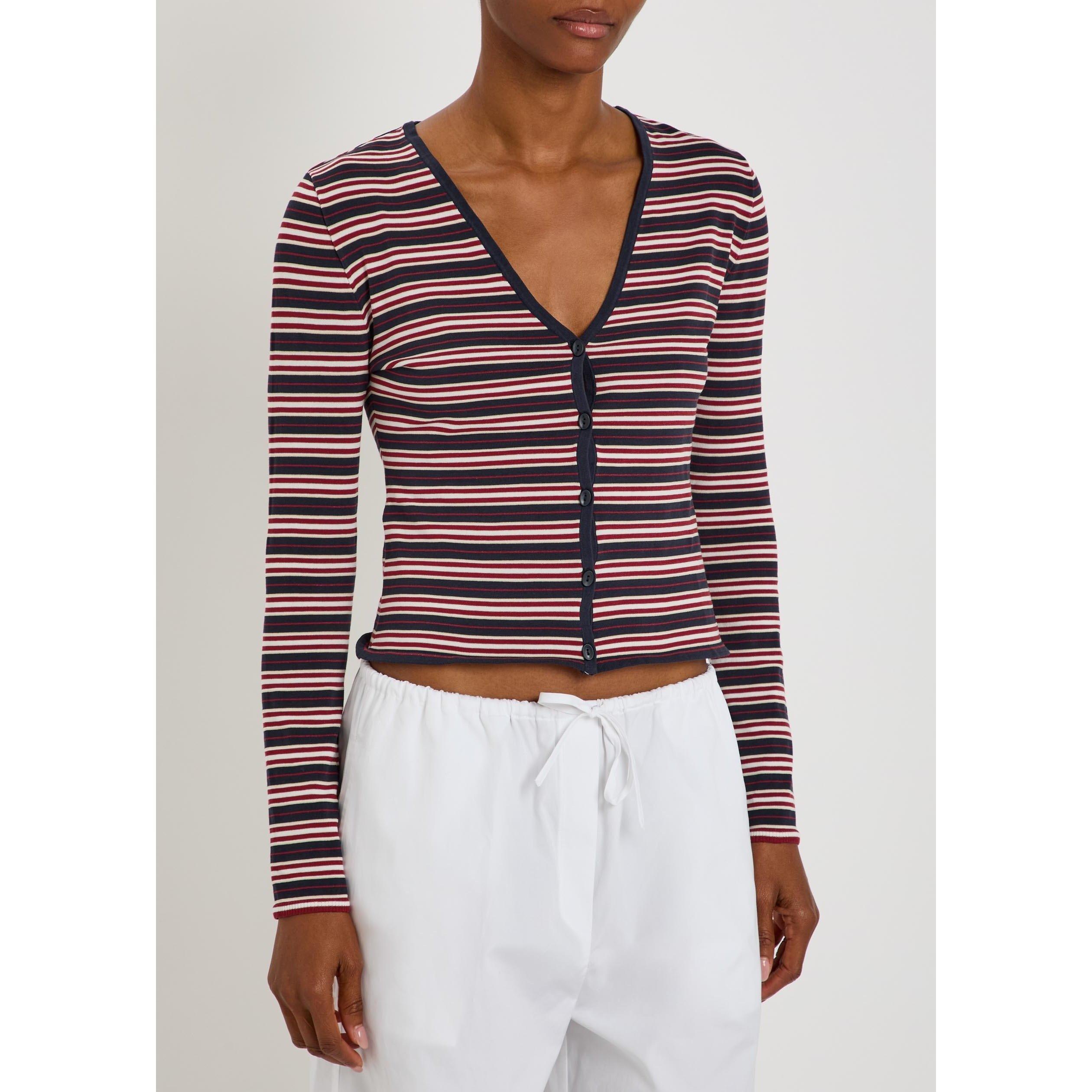 NAVY AND OTHER - Faithfull The Brand - Women's Doris Striped Cotton V-Neck Slim-Fit Cardigan - 2
