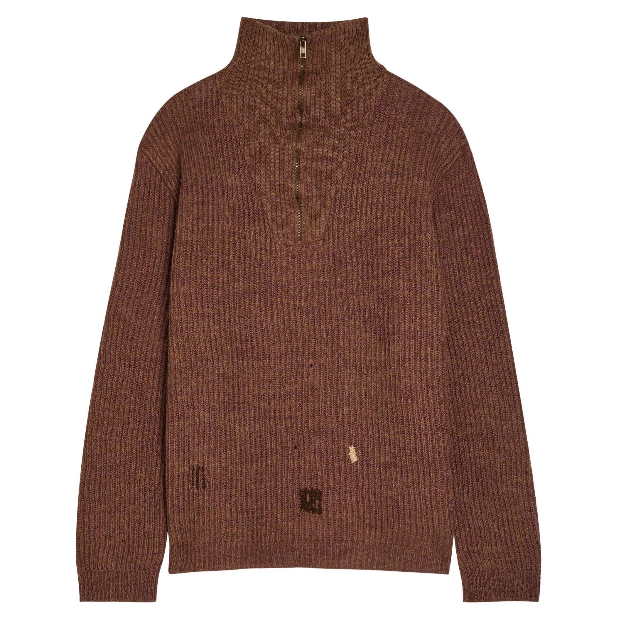 BROWN - Maison Margiela - Men's Mended Ribbed 1/4 Zip Linen Wool Knitted Top - 1