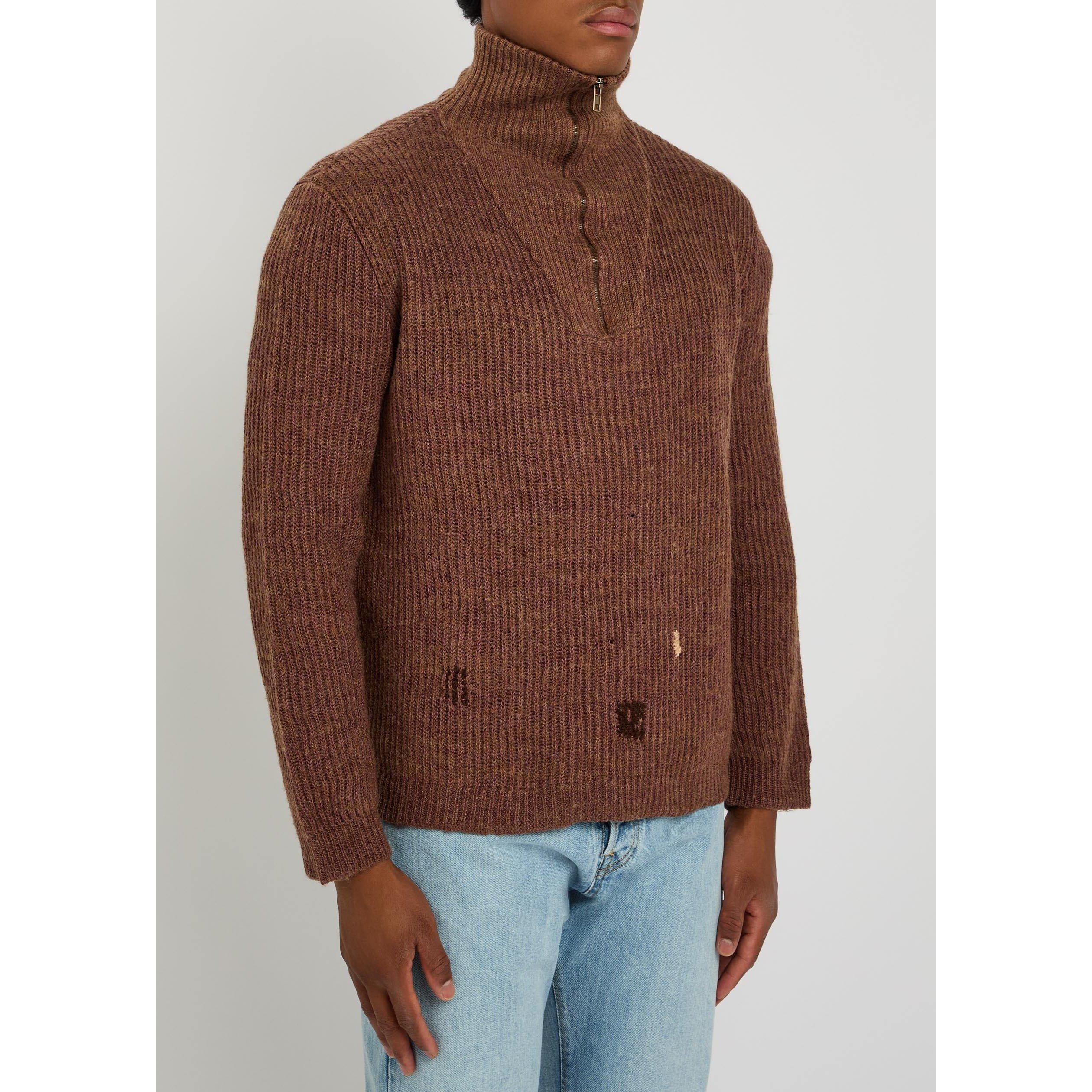 BROWN - Maison Margiela - Men's Mended Ribbed 1/4 Zip Linen Wool Knitted Top - 2