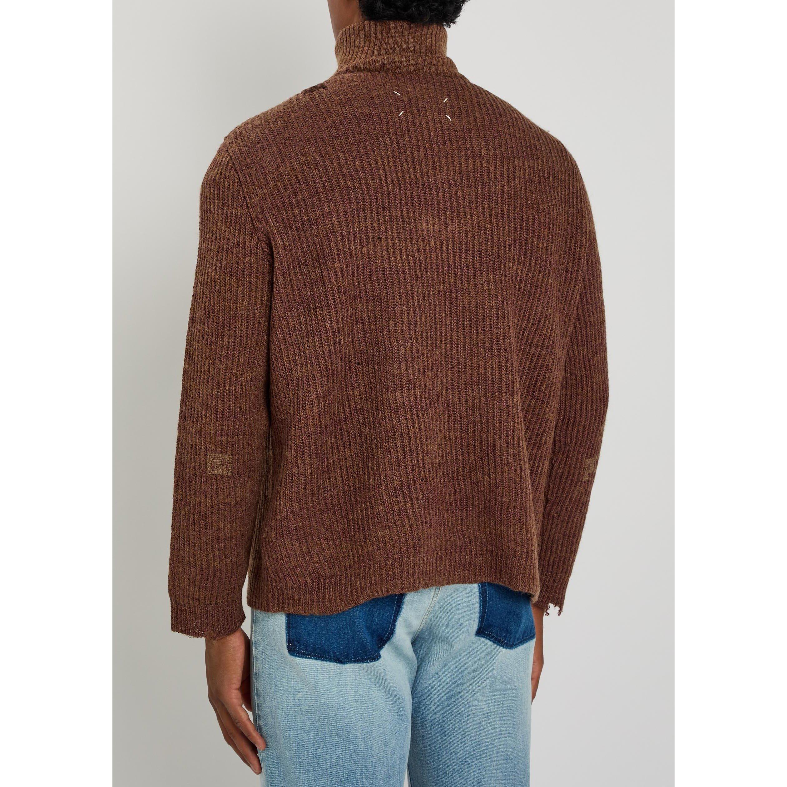 BROWN - Maison Margiela - Men's Mended Ribbed 1/4 Zip Linen Wool Knitted Top - 3