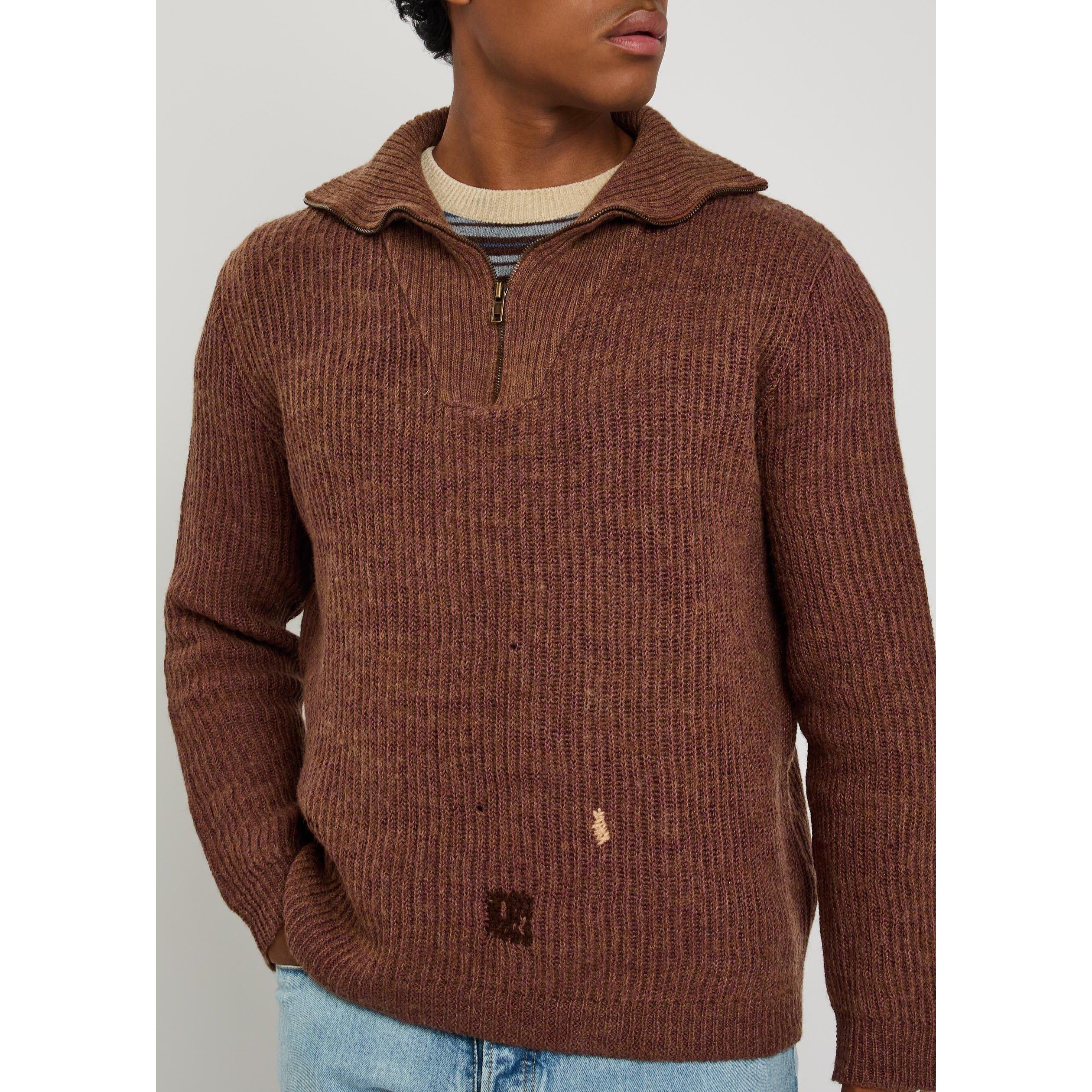 BROWN - Maison Margiela - Men's Mended Ribbed 1/4 Zip Linen Wool Knitted Top - 4