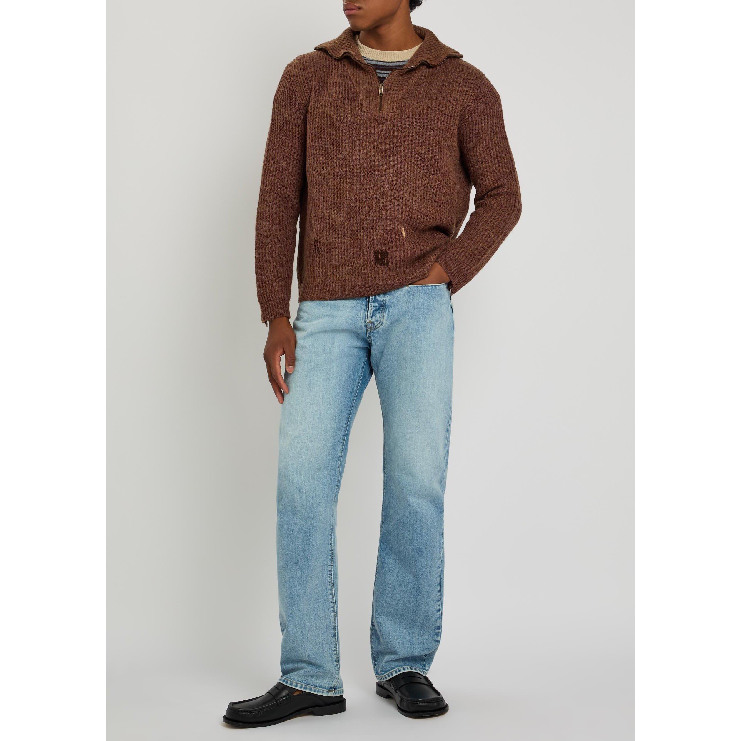 BROWN - Maison Margiela - Men's Mended Ribbed 1/4 Zip Linen Wool Knitted Top - 5