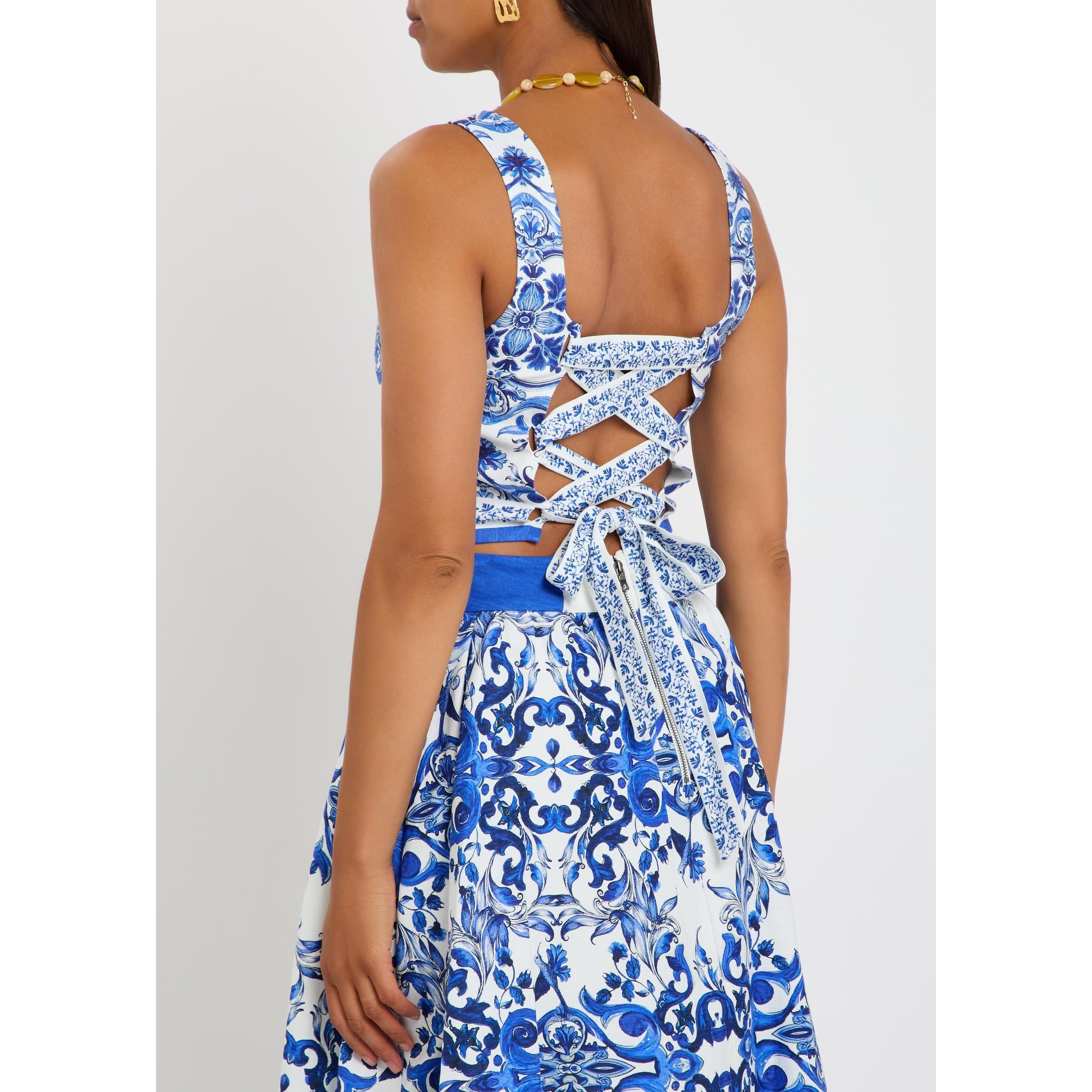 BLUE AND WHITE - Alice And Olivia - T Miriam Sweetheart Crop Top - 3