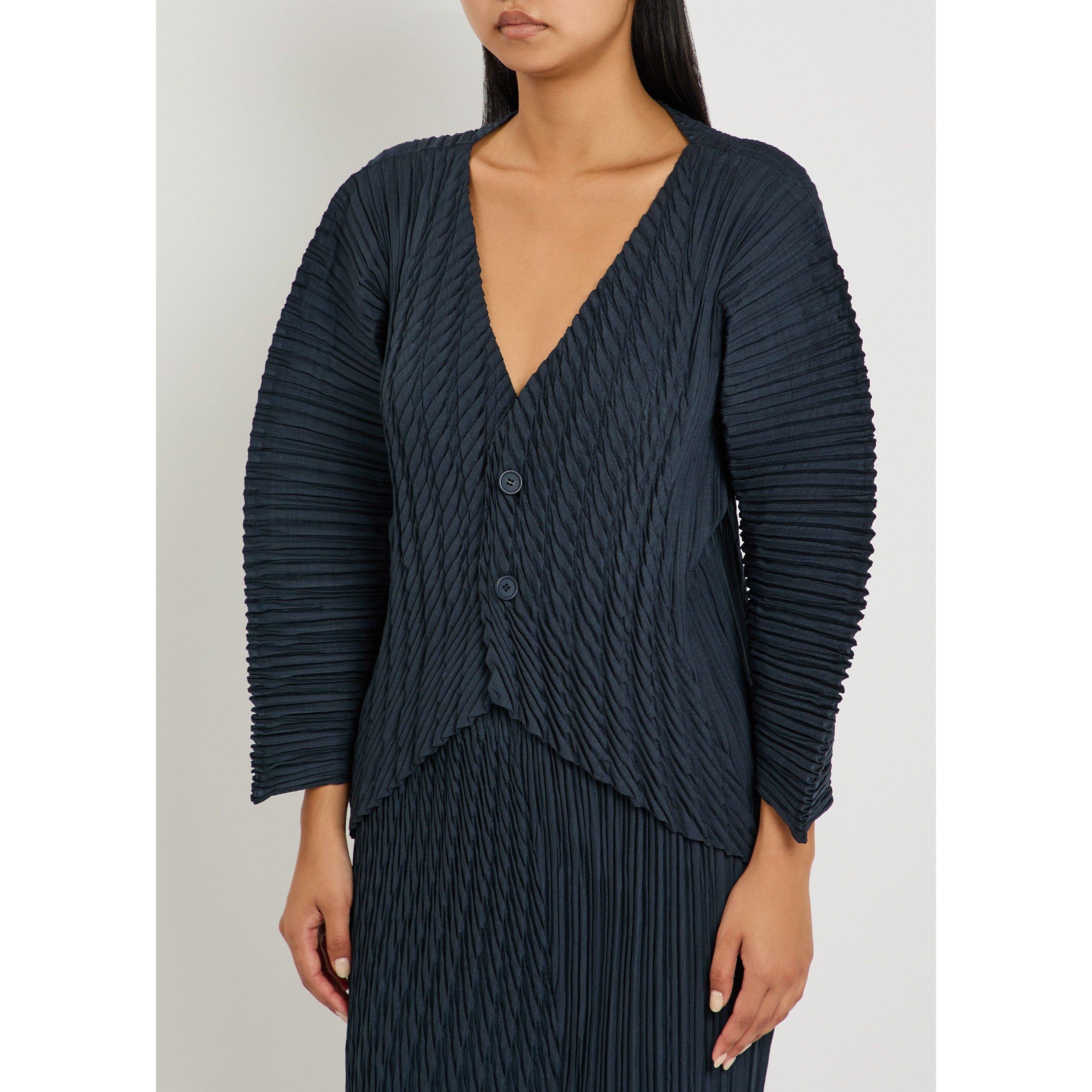 NAVY - Issey Miyake - Women's Unfurling Pleats V-Neck 3/4 Sleeve Cardigan - 2
